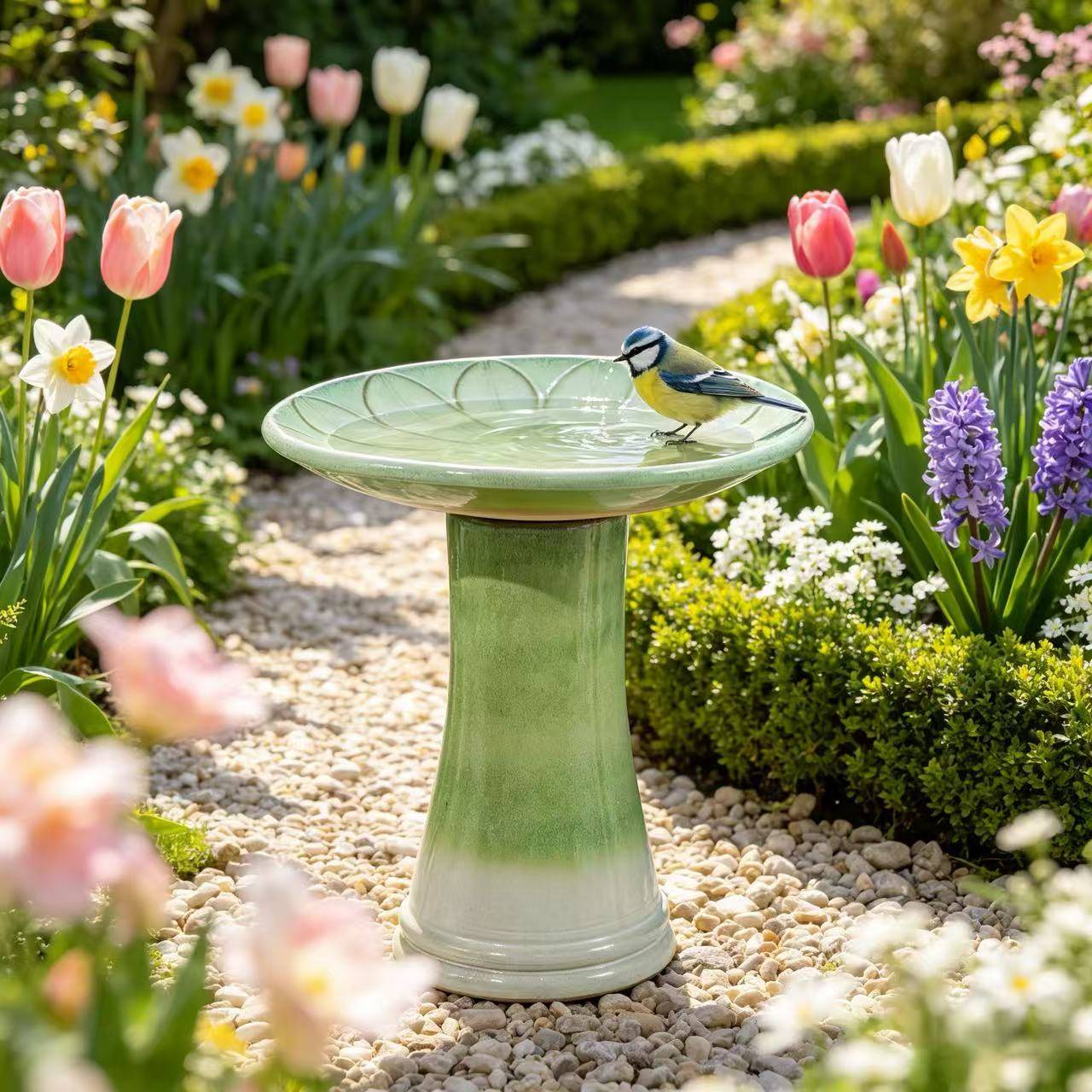ComfortXL - Bain d’oiseaux céramique vert clair Ø 43 cm H 45 cm jardin terrasse stable antigel - ComfortXL Outdoor Living - Image 4