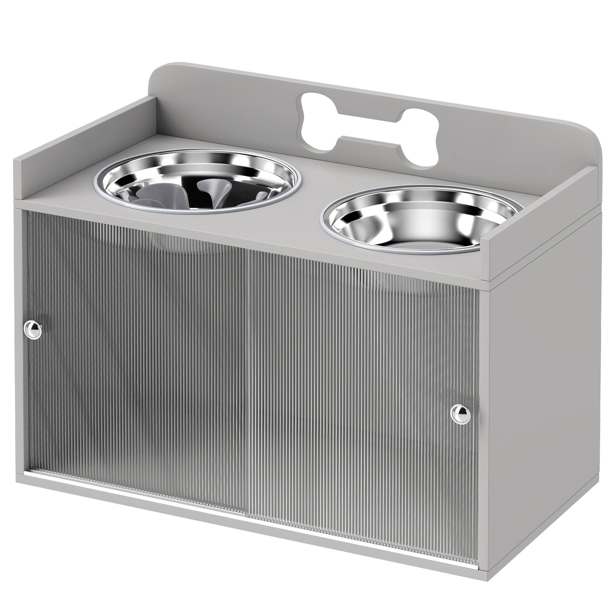 ComfortXL - Station repas chien surélevée MDF gris 2 gamelles inox 2,1 L avec rangement 50 L stable pour grands chiens - Image 2