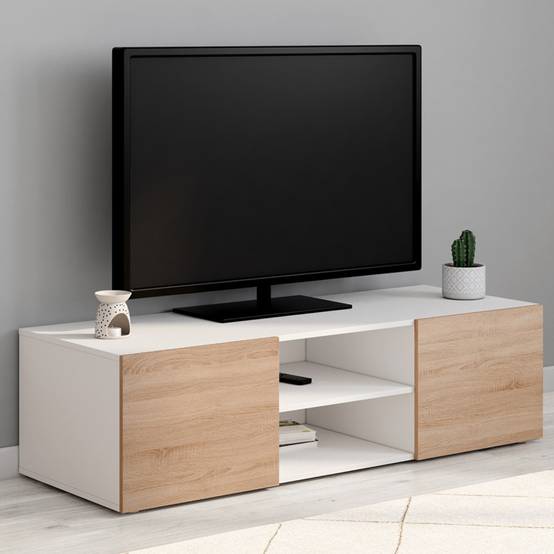 Meuble TV 113 cm ELI blanc portes façon hêtre - Image 1
