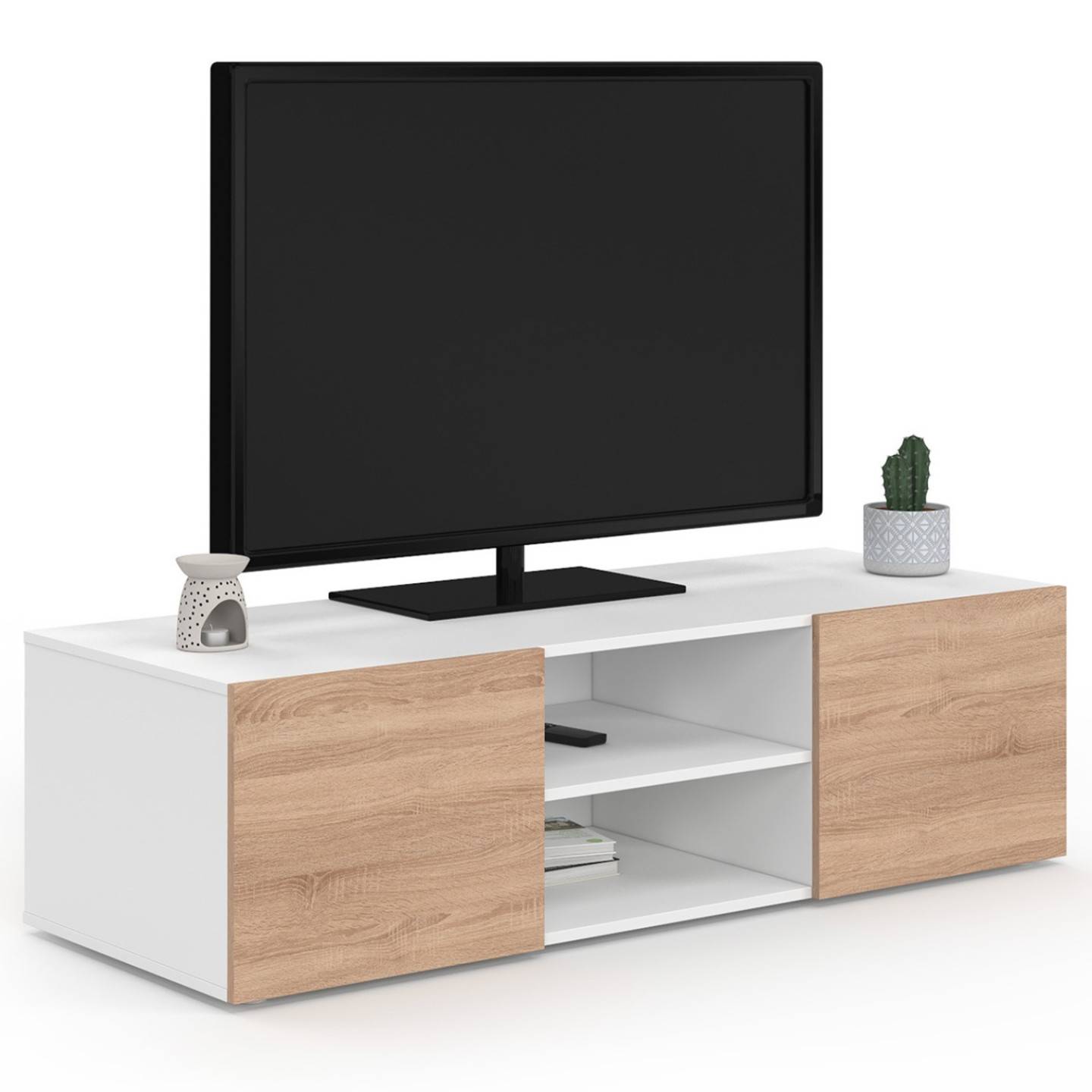 Meuble TV 113 cm ELI blanc portes façon hêtre - Image 2