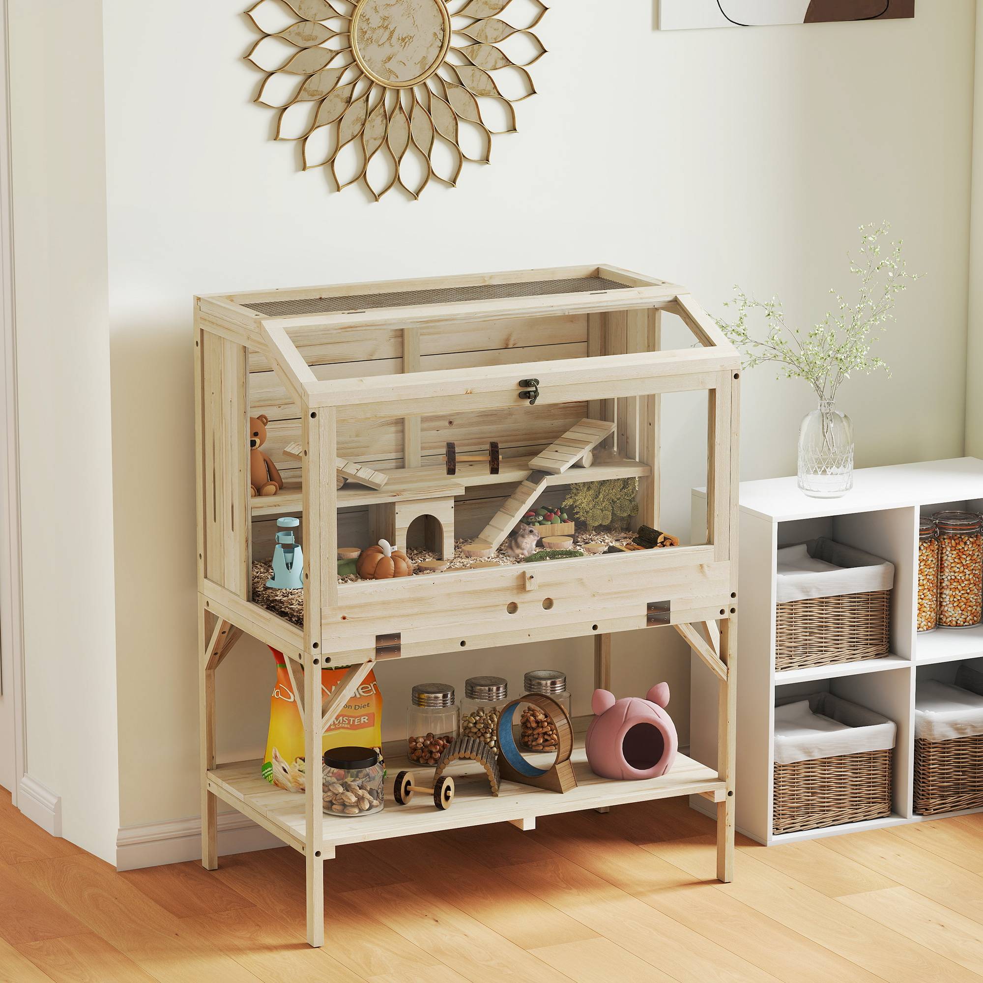 Sans Marque - Cage hamster 2 niveaux petite cage compartiment rangement accessoires 84x53x110 cm bois naturel - Image 4