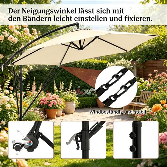 Parasol Déporté 3x3m Mât Métal pour Jardin Terrasse Inclinable Rotatif Anti-UV Beige - ComfortXL Outdoor Living - Image 4