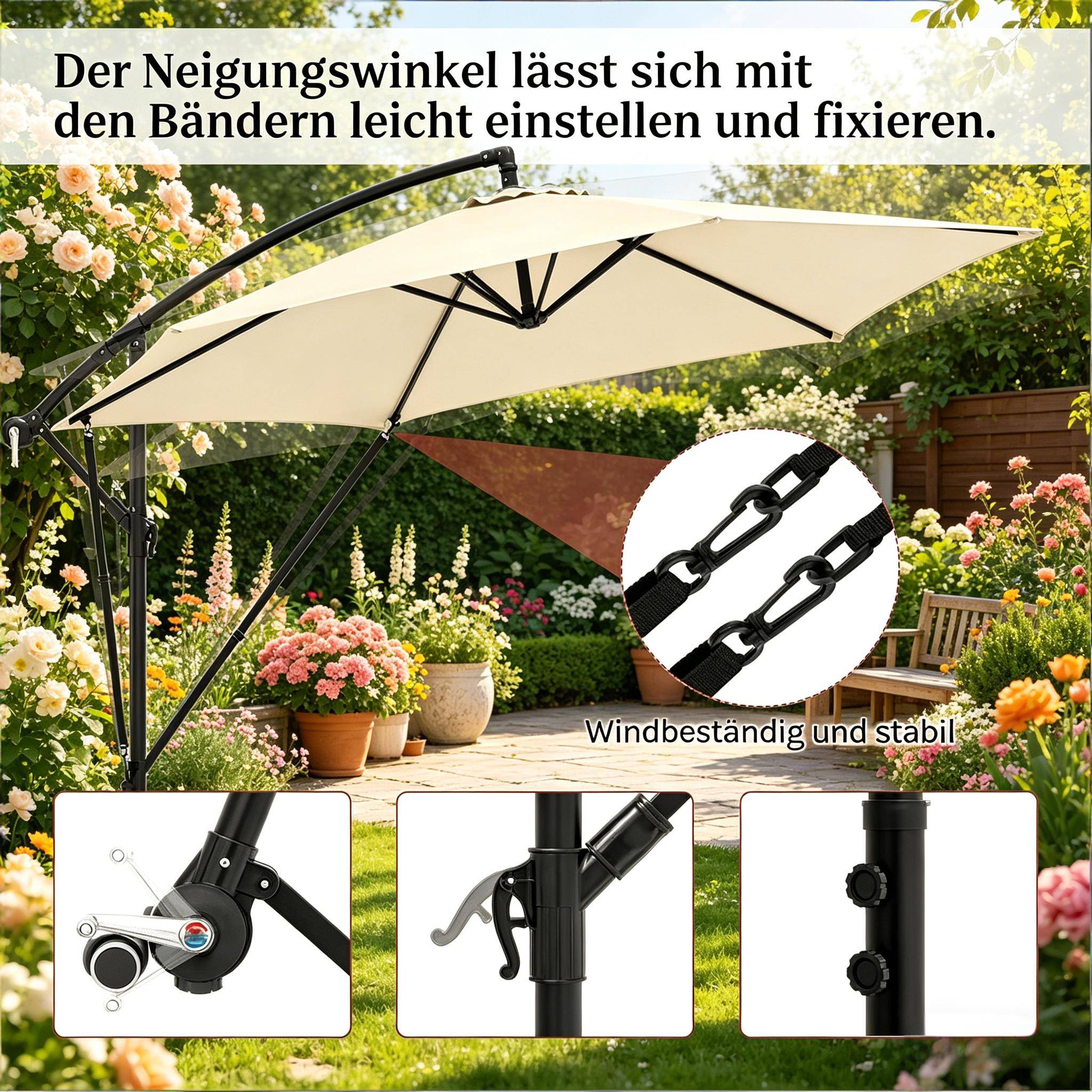 Parasol Déporté 3x3m Mât Métal pour Jardin Terrasse Inclinable Rotatif Anti-UV Beige - ComfortXL Outdoor Living - Image 4