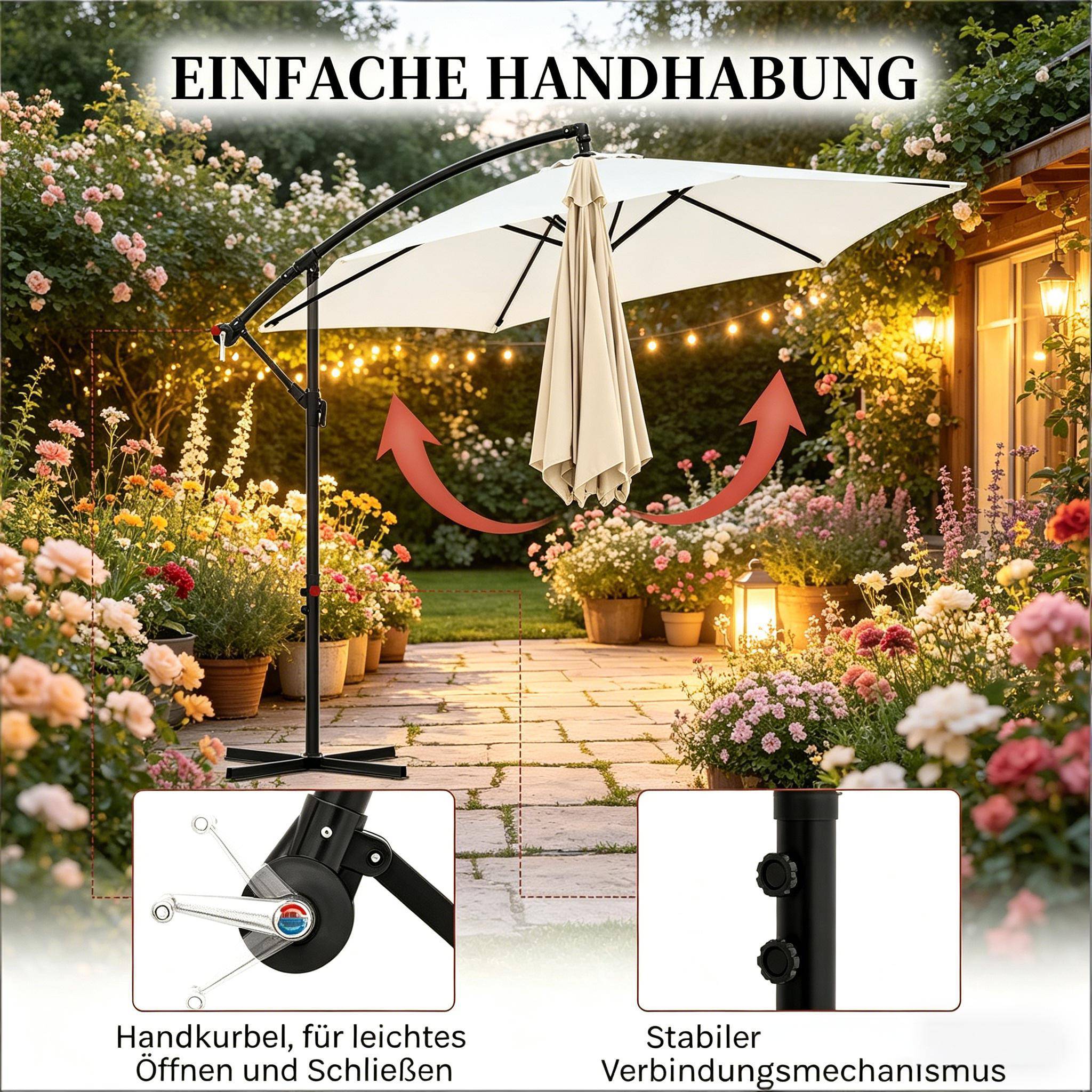 Parasol Déporté 3x3m Mât Métal pour Jardin Terrasse Inclinable Rotatif Anti-UV Beige - ComfortXL Outdoor Living - Image 2