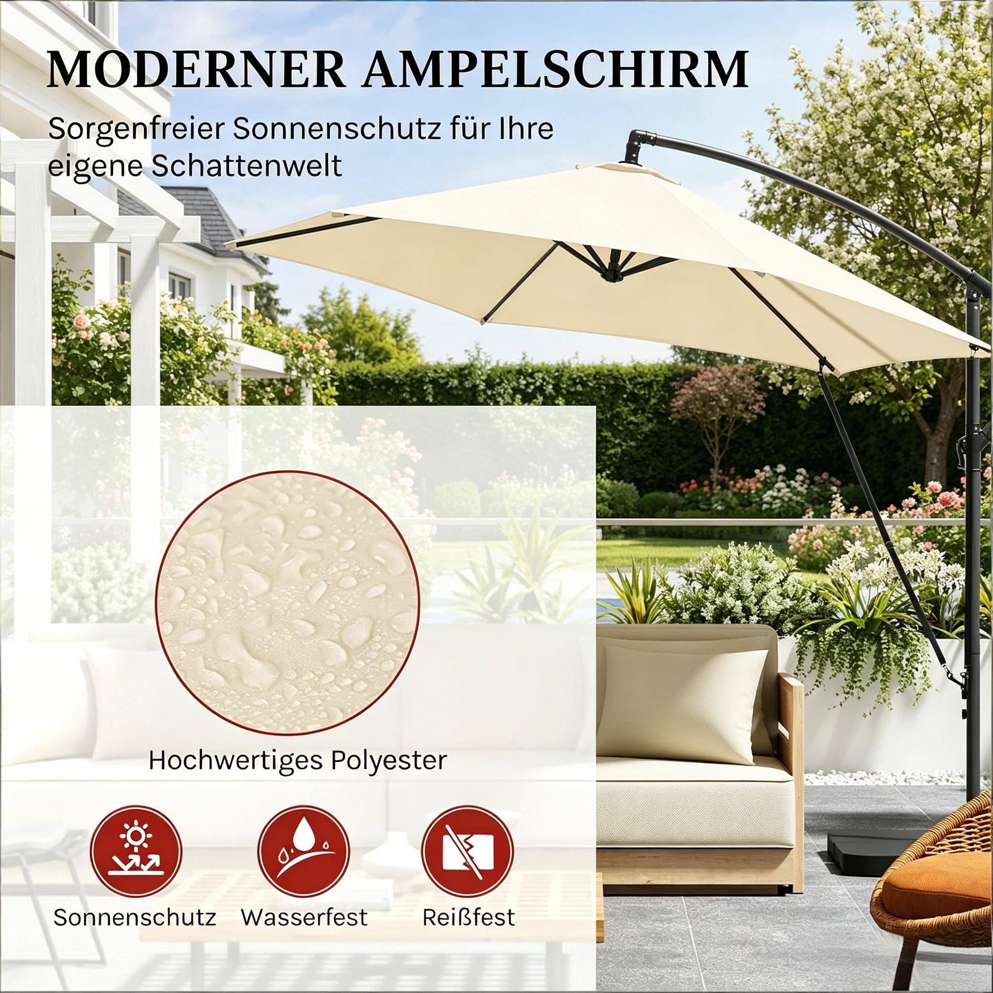 Parasol Déporté 3x3m Mât Métal pour Jardin Terrasse Inclinable Rotatif Anti-UV Beige - ComfortXL Outdoor Living - Image 3
