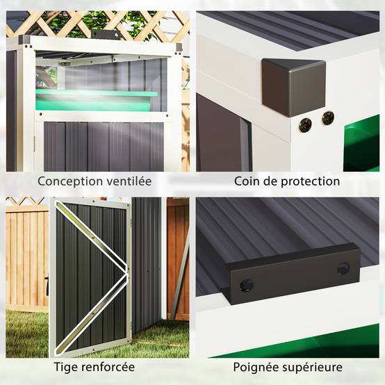 Abri pour 1 poubelle 240L cache poubelle extérieur couvercle relevable 180° acier galvanisé 73 x 81 x 122 cm gris foncé - Image 9
