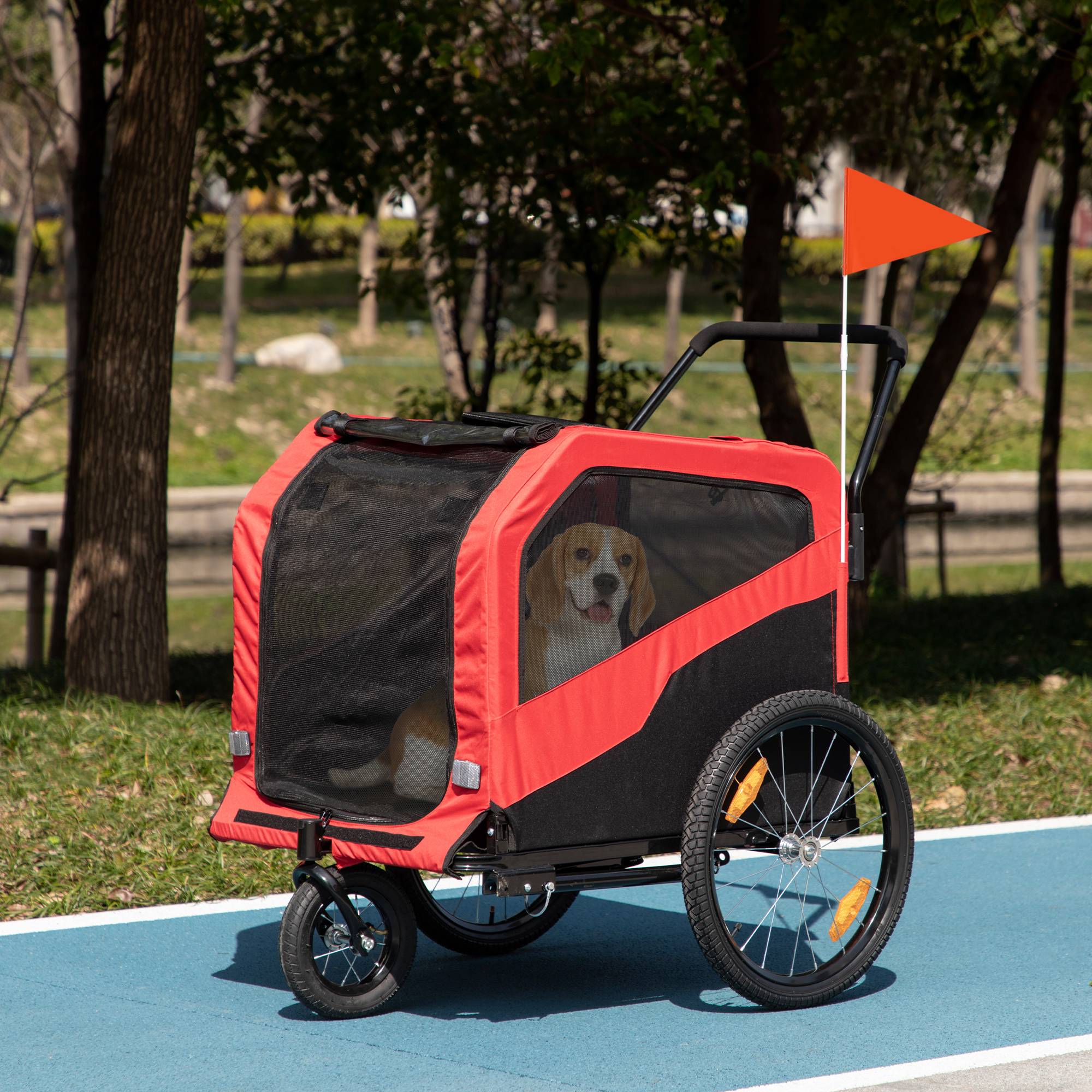 Remorque enfant vélo réflecteurs 1 drapeau 170 x 77 x 90 cm rouge - Image 4