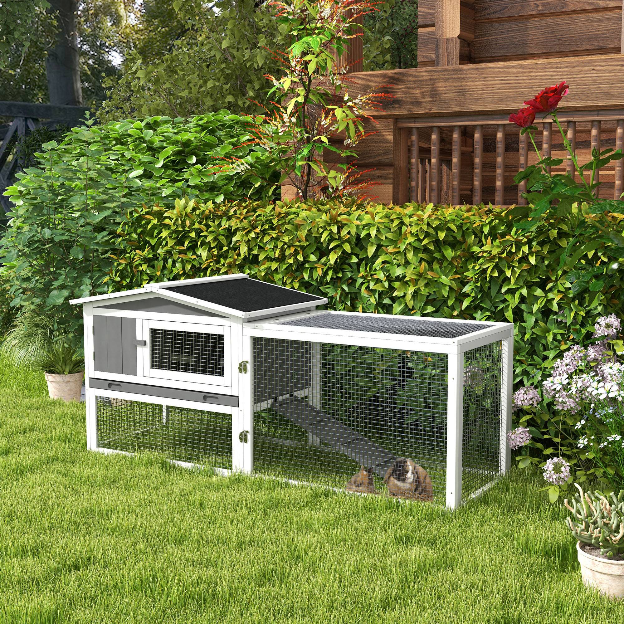 ComfortXL - Clapier lapin extérieur bois massif 2 niveaux enclos amovible 156x58x68cm gris - ComfortXL Outdoor Living - Image 3