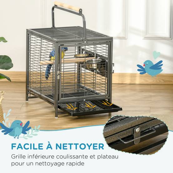 Cage de transport acier pour perroquets poignée et perchoirs 48x38x65cm noir - ComfortXL Outdoor Living - Image 6