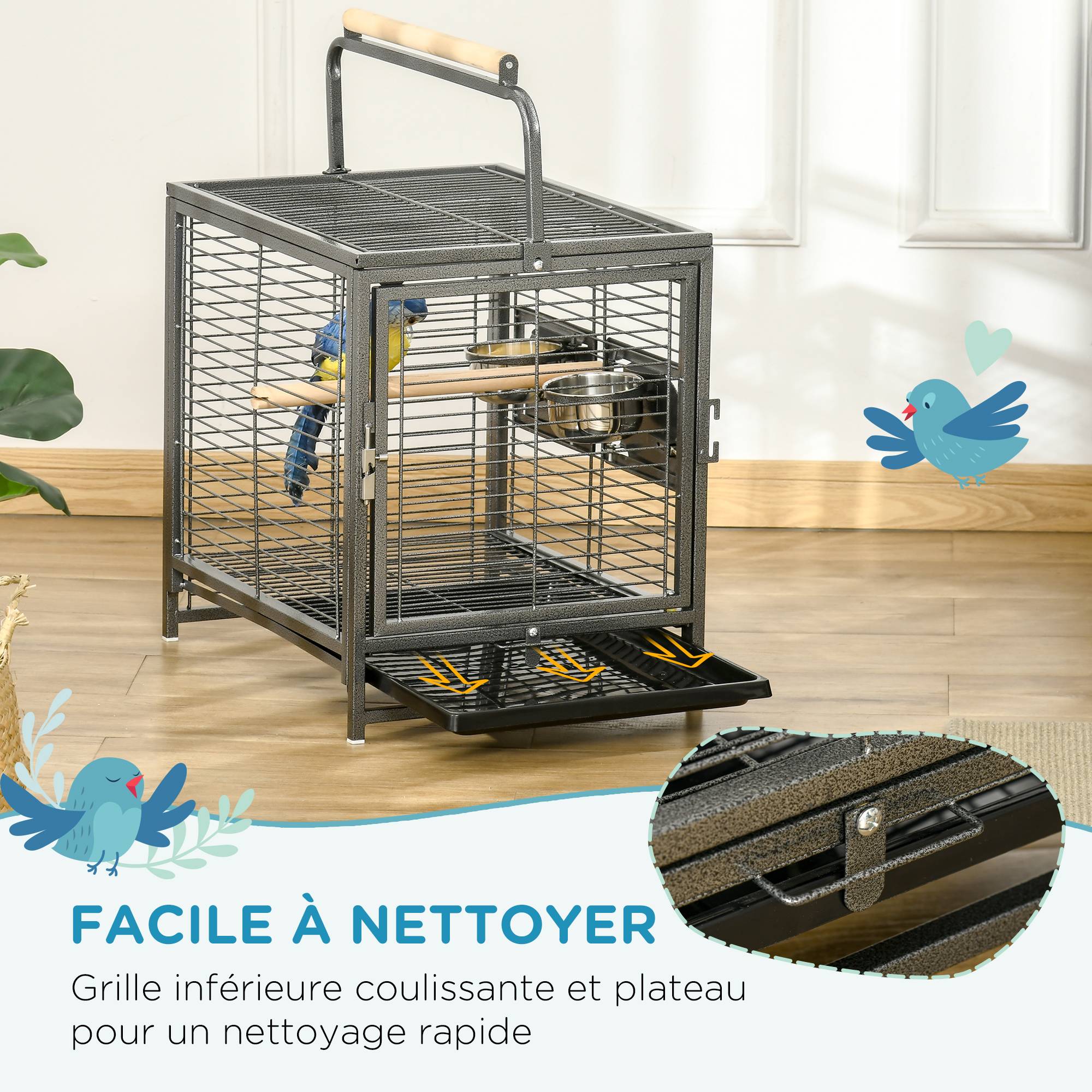 Cage de transport acier pour perroquets poignée et perchoirs 48x38x65cm noir - ComfortXL Outdoor Living - Image 6