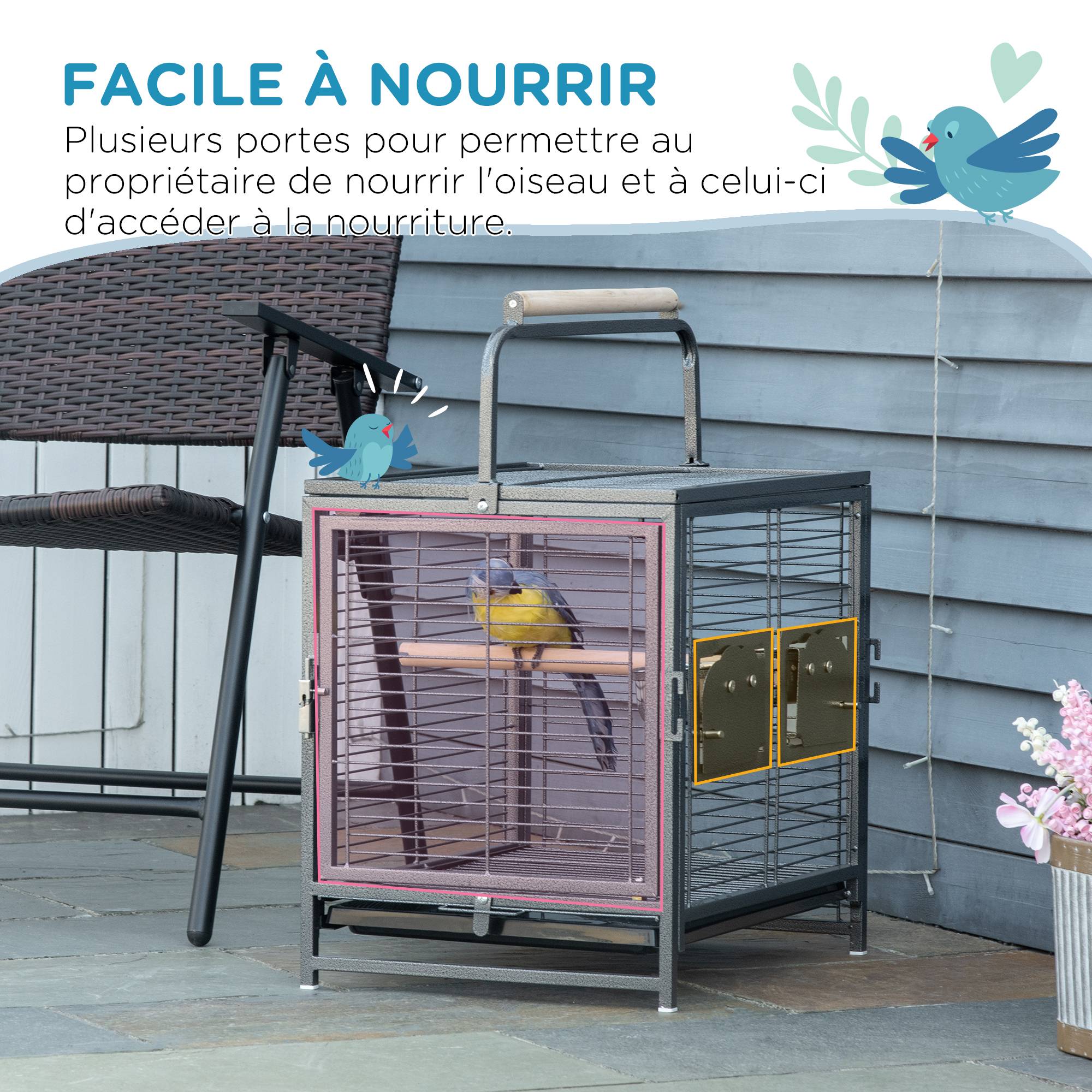 Cage de transport acier pour perroquets poignée et perchoirs 48x38x65cm noir - ComfortXL Outdoor Living - Image 7