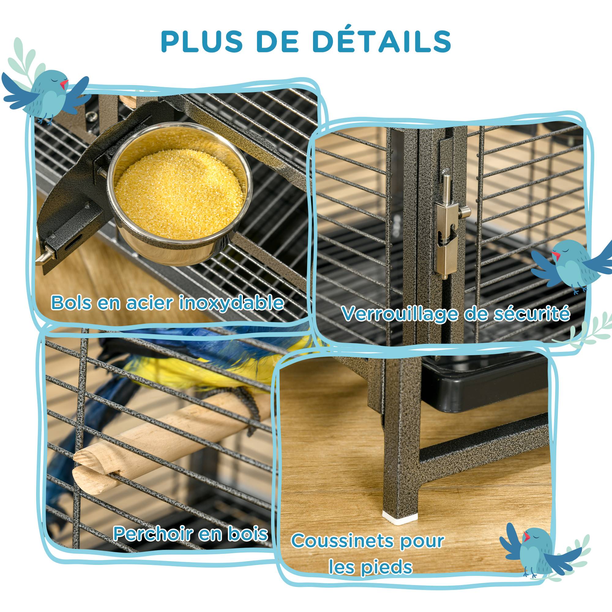 Cage de transport acier pour perroquets poignée et perchoirs 48x38x65cm noir - ComfortXL Outdoor Living - Image 8
