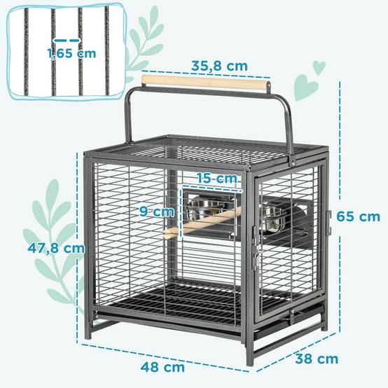 Cage de transport acier pour perroquets poignée et perchoirs 48x38x65cm noir - ComfortXL Outdoor Living - Image 5
