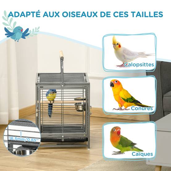 Cage de transport acier pour perroquets poignée et perchoirs 48x38x65cm noir - ComfortXL Outdoor Living - Image 9