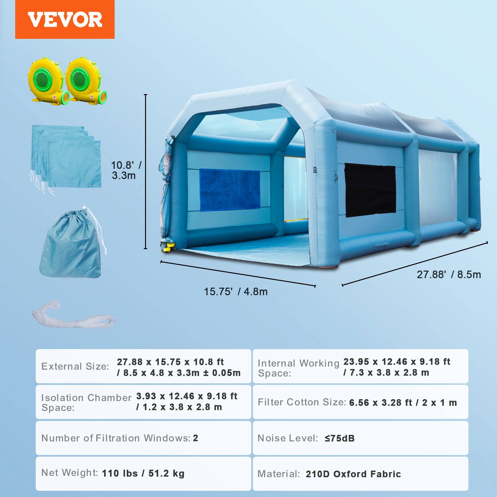 VEVOR Cabine peinture gonflable 8.5x4.8x3.3m, Oxford 210D, système filtration, 2 souffleurs. - Image 7