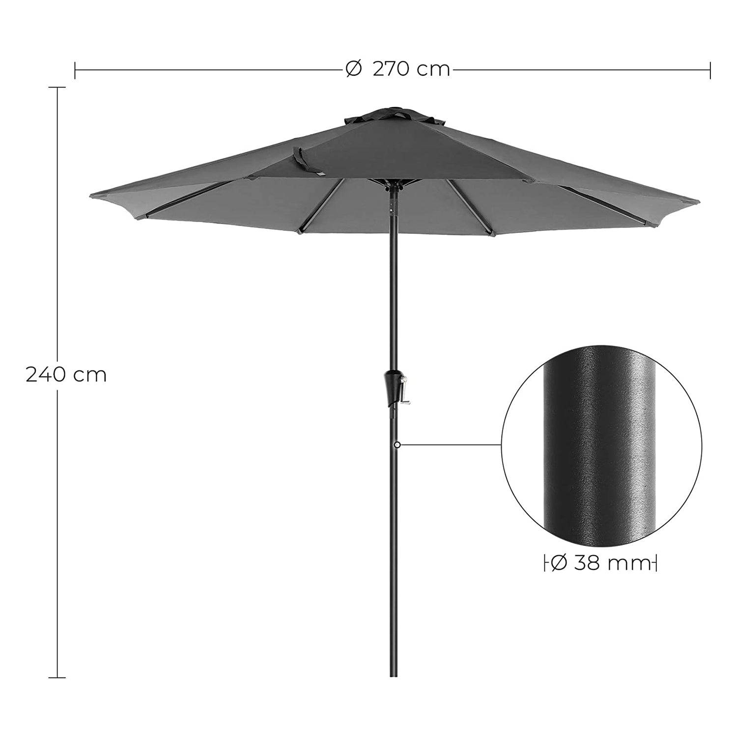 Helloshop26 - Parasol de jardin diamètre 2,7 m ombrelle protection UPF 50+ toile polyester octogonale inclinable manivelle balcon terrasse piscine plage sans socle - Image 6