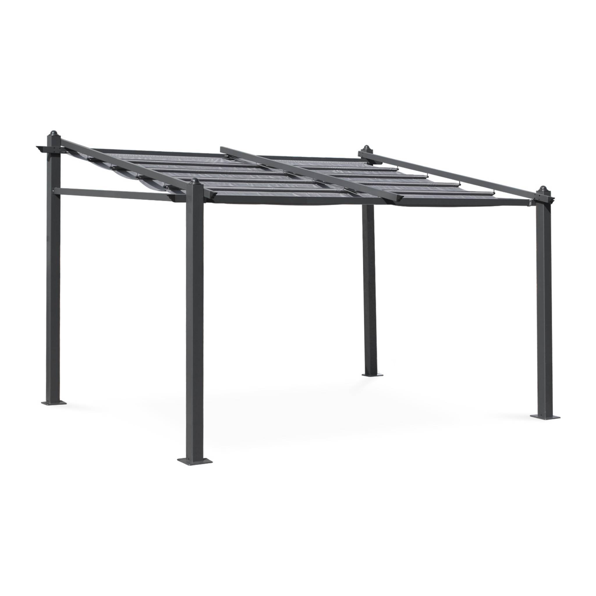 sweeek - Pergola murale en aluminium - Murum 3x4m - Toile grise - Tonnelle idéale pour votre terrasse. toit retractable. toile coulissante. structure | sweeek - Image 1
