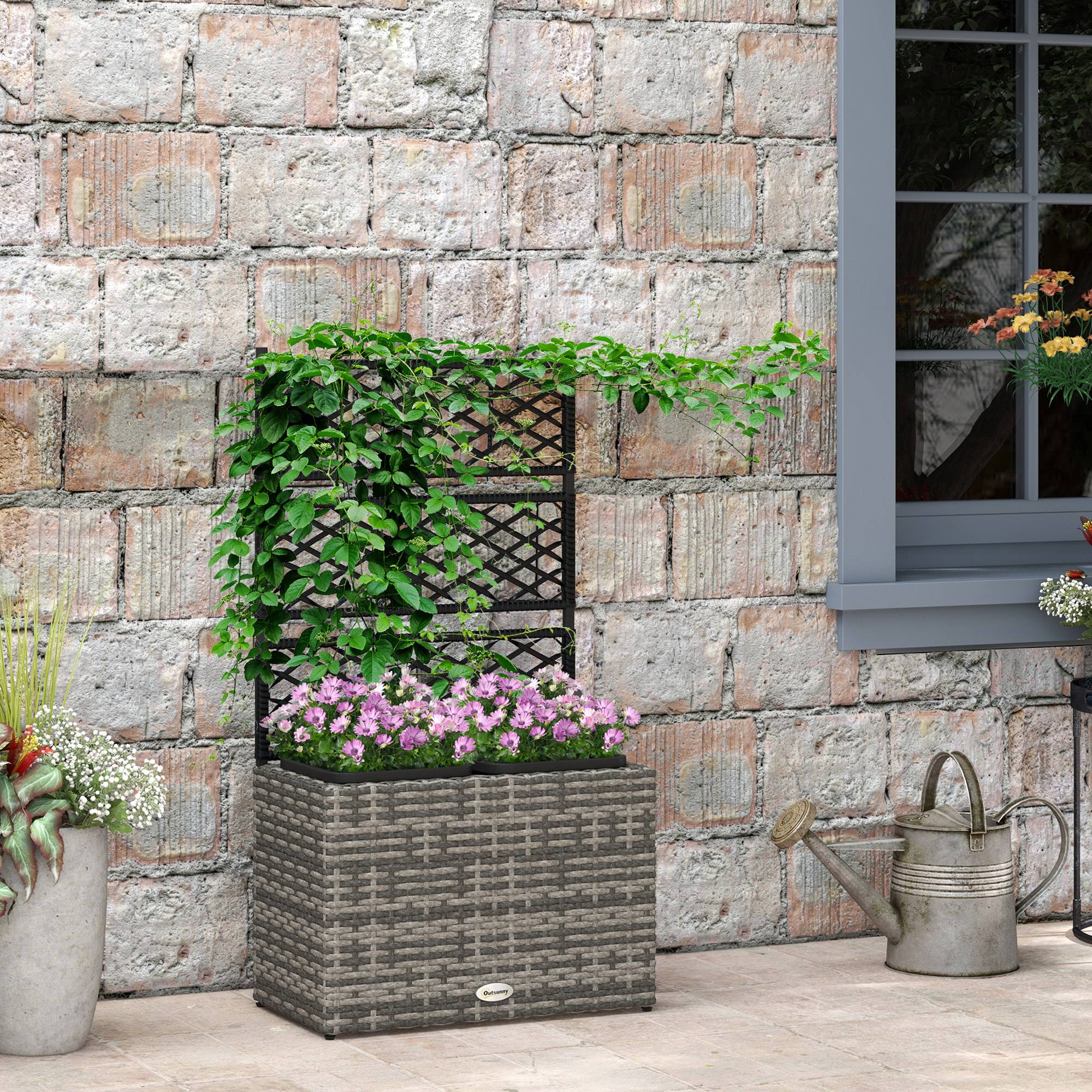 Jardinière avec treillis résine tressée et acier gris 57 x 30 x 107 cm - PANGIVO - Image 3