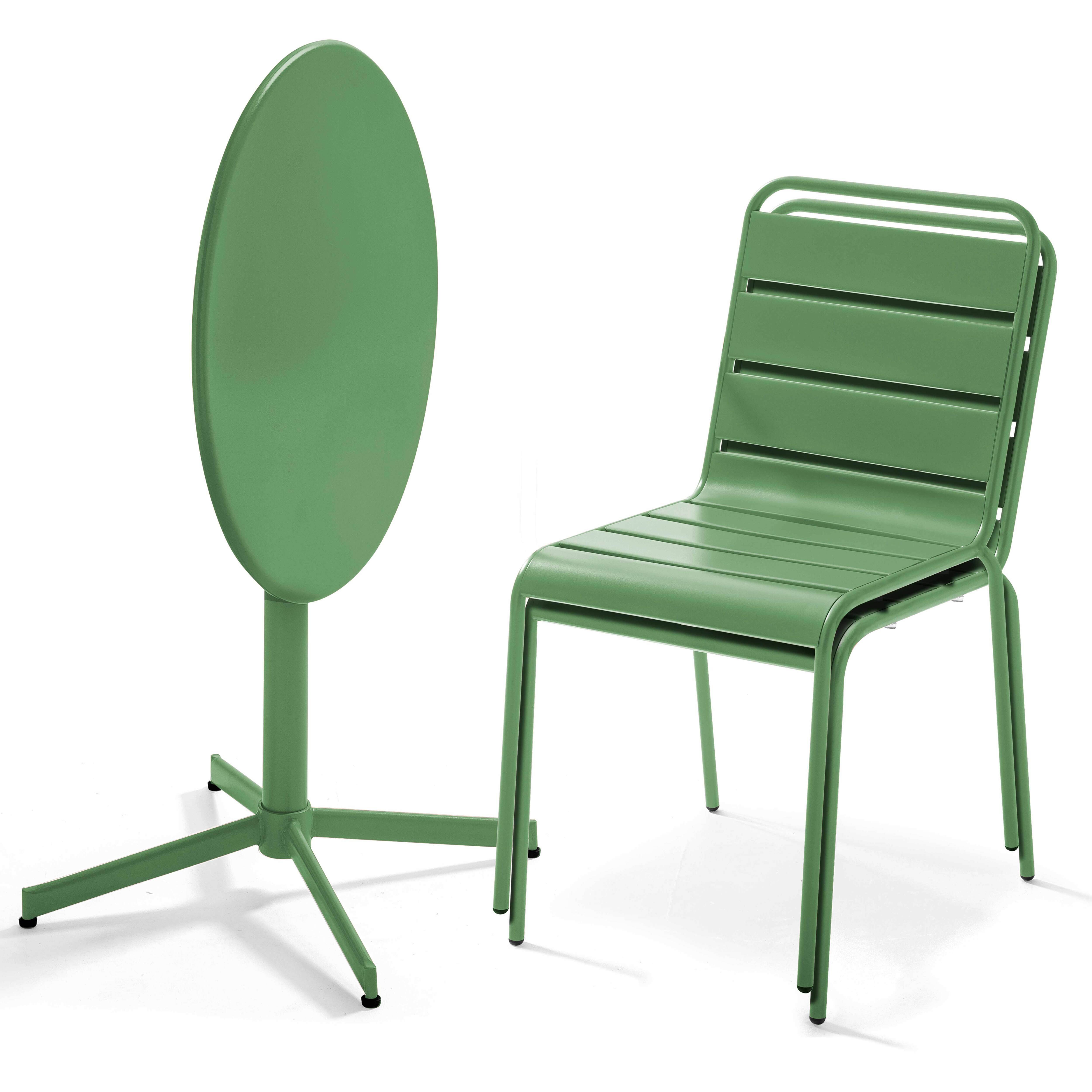 Oviala - Ensemble table de jardin ronde et 2 chaises métal vert cactus Palavas - Oviala - Image 3