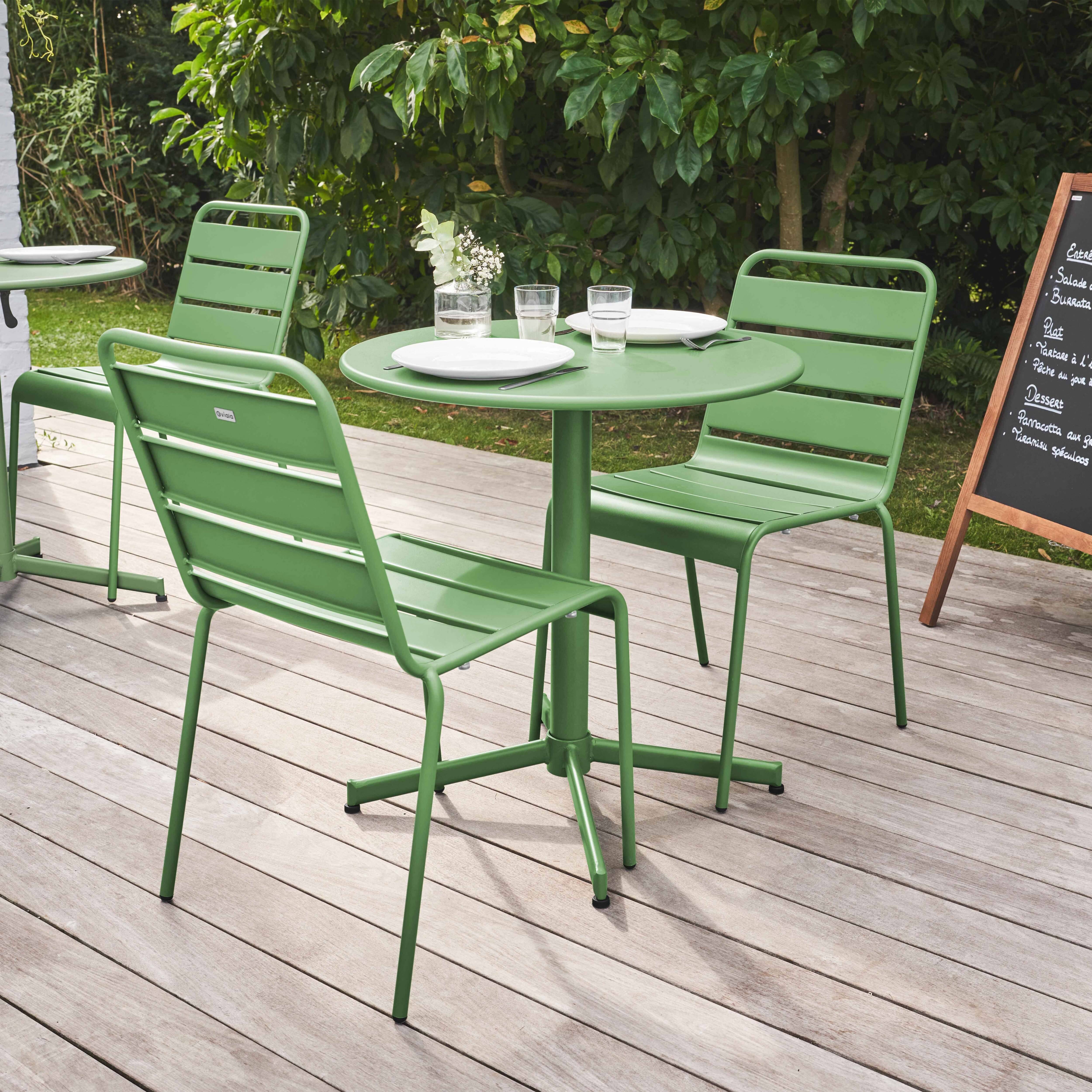 Oviala - Ensemble table de jardin ronde et 2 chaises métal vert cactus Palavas - Oviala - Image 2