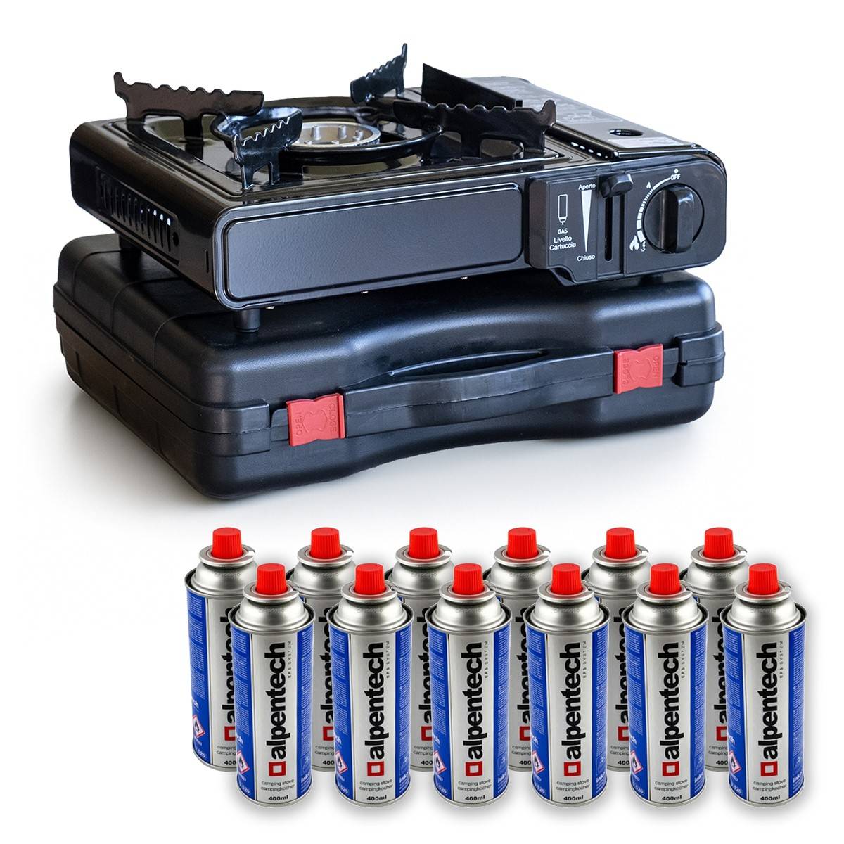 Réchaud à gaz 2200W + 12 cartouches de gaz butane Camping - Image 1
