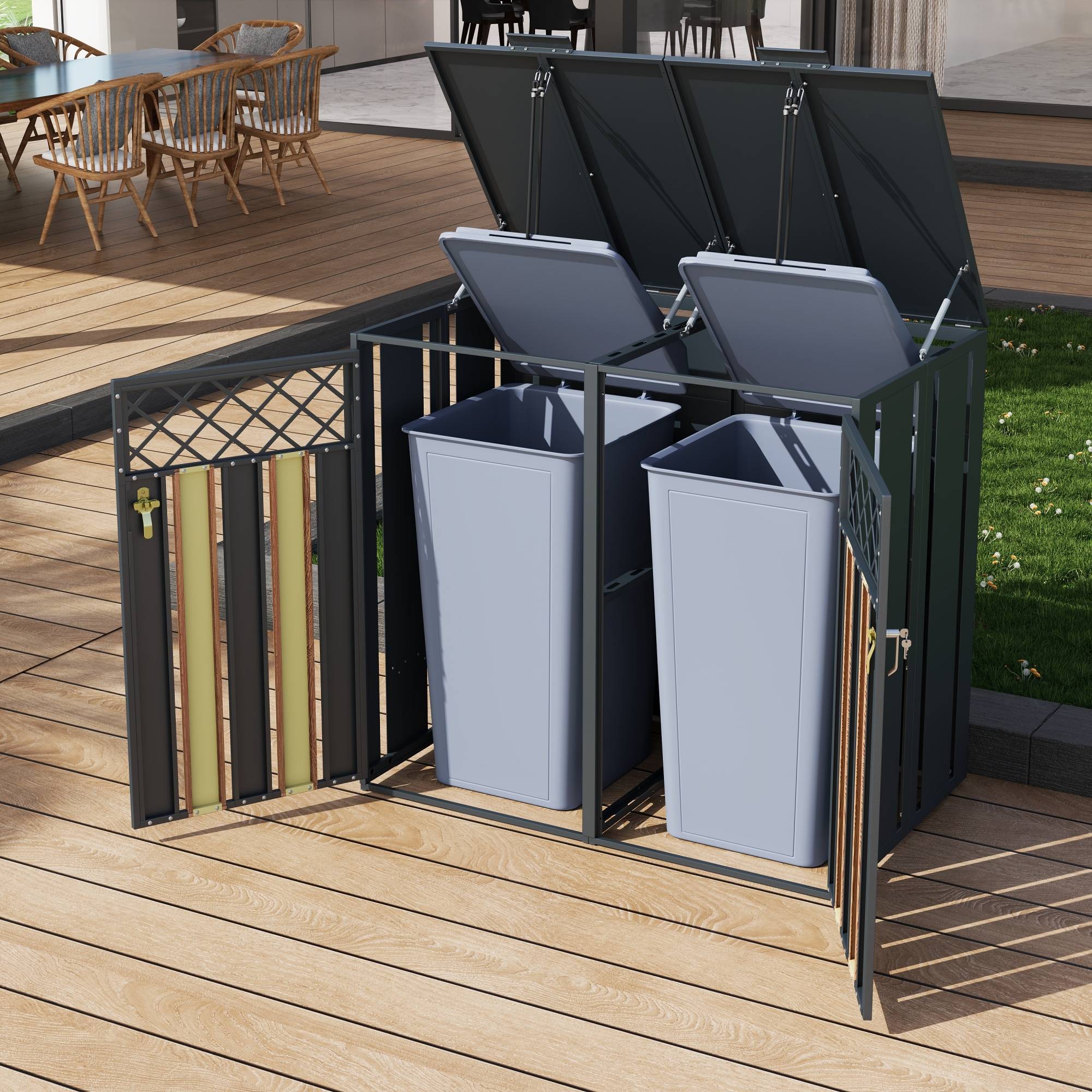 Mülltonnenbox en acier galvanisé avec bois imitation griss, 132 x 80 x 118,5 cm - PANGIVO - Image 8