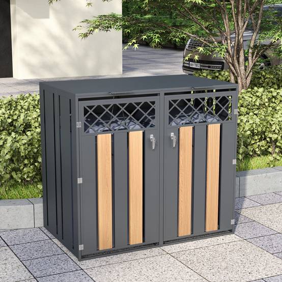 Mülltonnenbox en acier galvanisé avec bois imitation griss, 132 x 80 x 118,5 cm - PANGIVO - Image 1