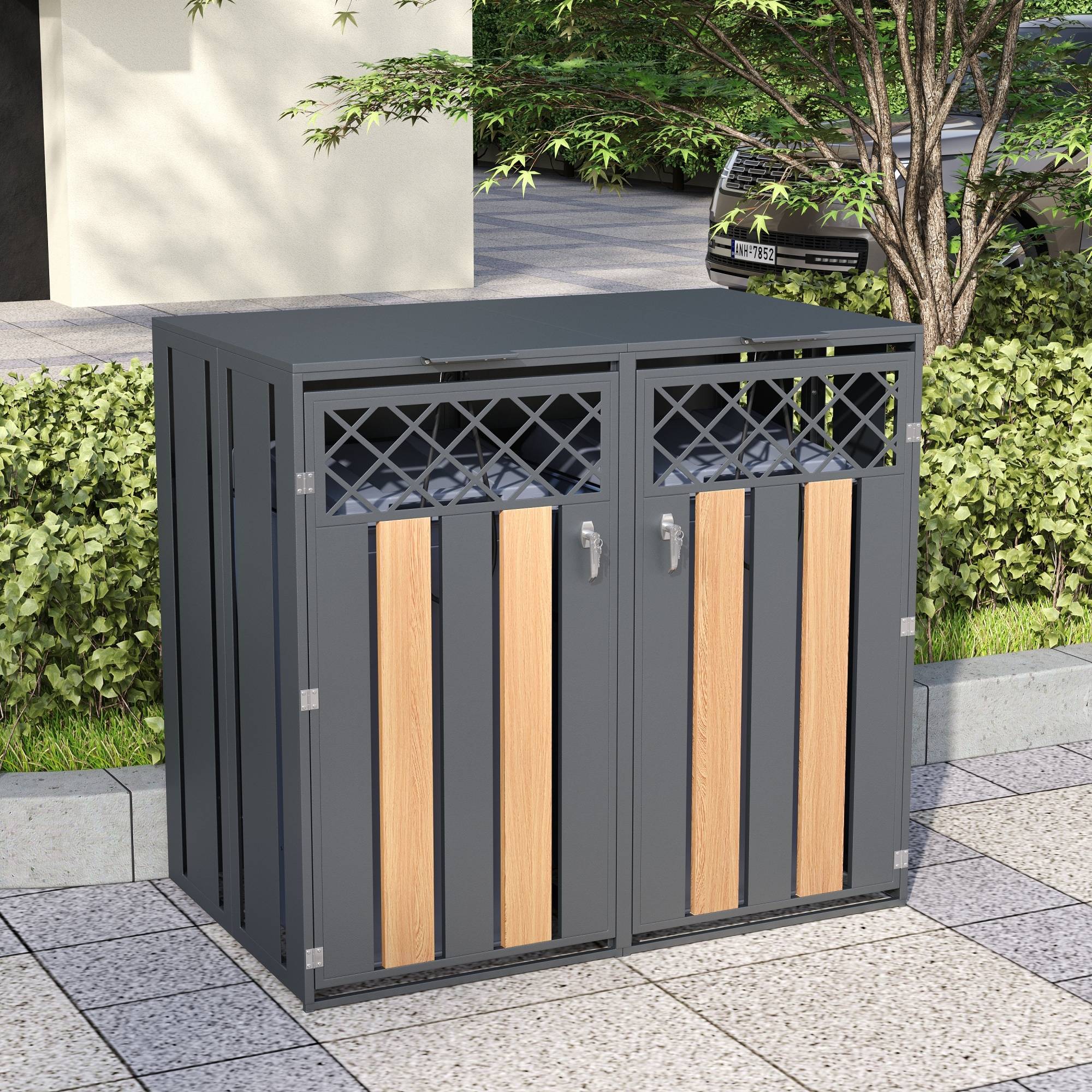 Mülltonnenbox en acier galvanisé avec bois imitation griss, 132 x 80 x 118,5 cm - PANGIVO - Image 1