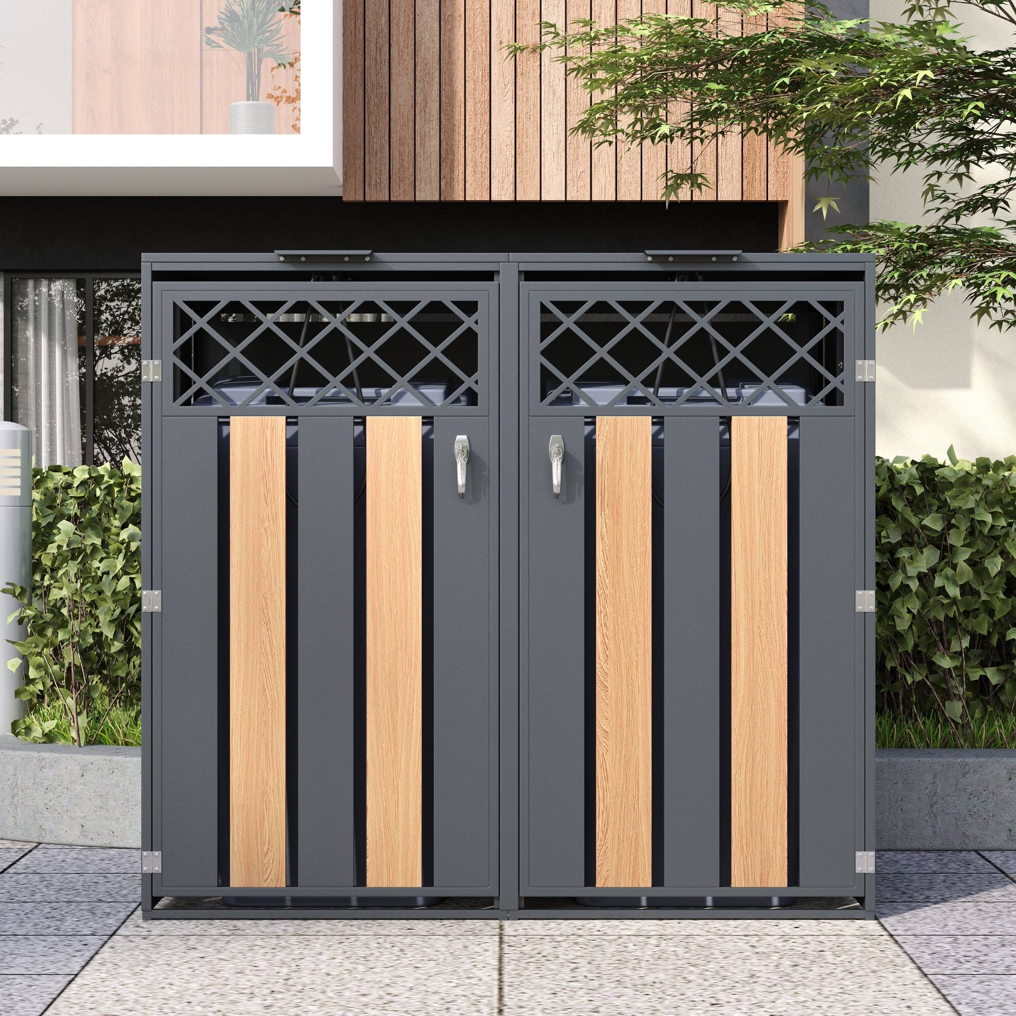 Mülltonnenbox en acier galvanisé avec bois imitation griss, 132 x 80 x 118,5 cm - PANGIVO - Image 2