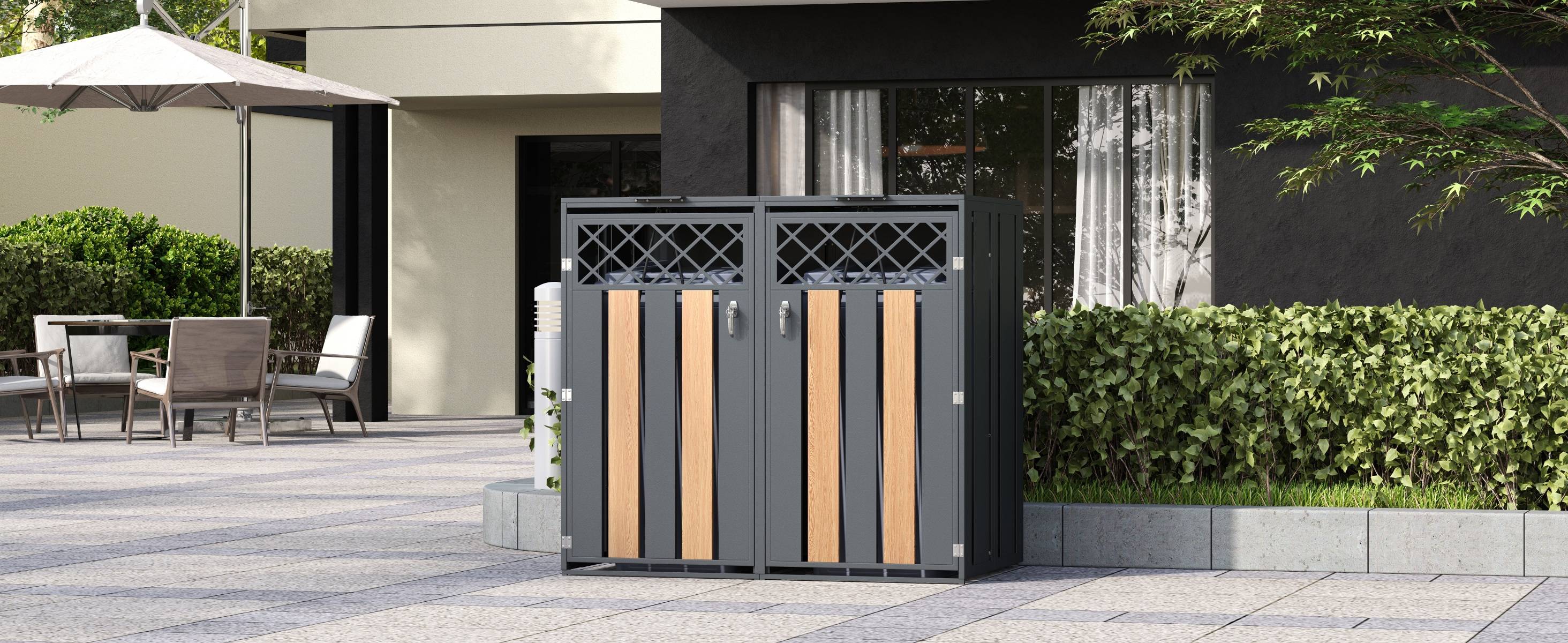 Mülltonnenbox en acier galvanisé avec bois imitation griss, 132 x 80 x 118,5 cm - PANGIVO - Image 6