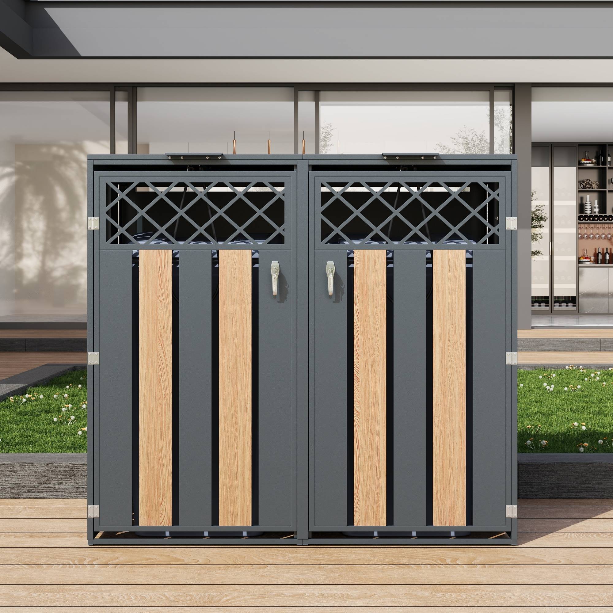 Mülltonnenbox en acier galvanisé avec bois imitation griss, 132 x 80 x 118,5 cm - PANGIVO - Image 9