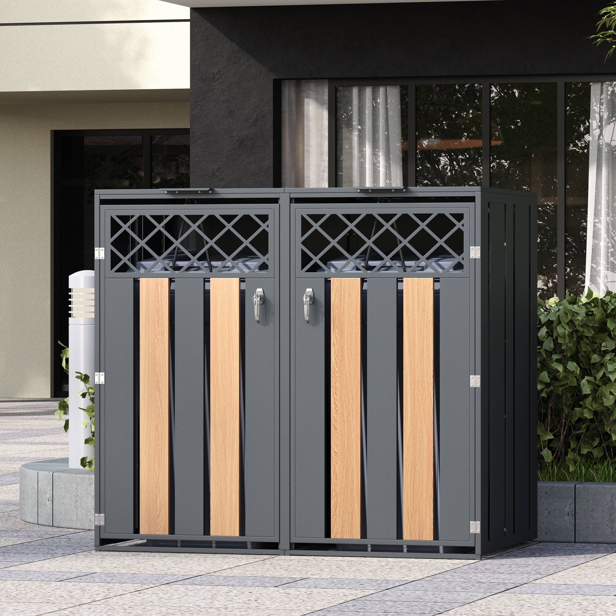 Mülltonnenbox en acier galvanisé avec bois imitation griss, 132 x 80 x 118,5 cm - PANGIVO - Image 5