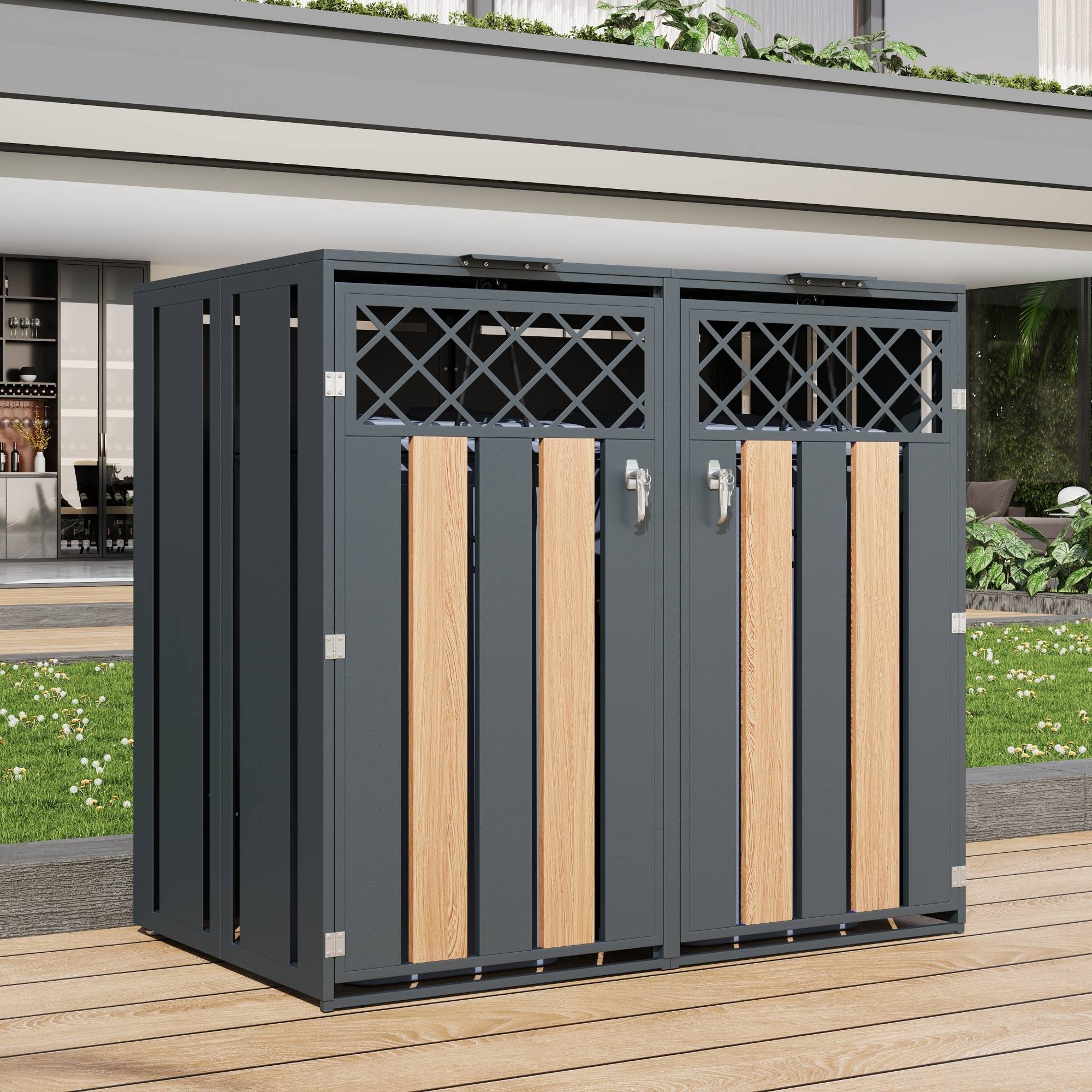 Mülltonnenbox en acier galvanisé avec bois imitation griss, 132 x 80 x 118,5 cm - PANGIVO - Image 10