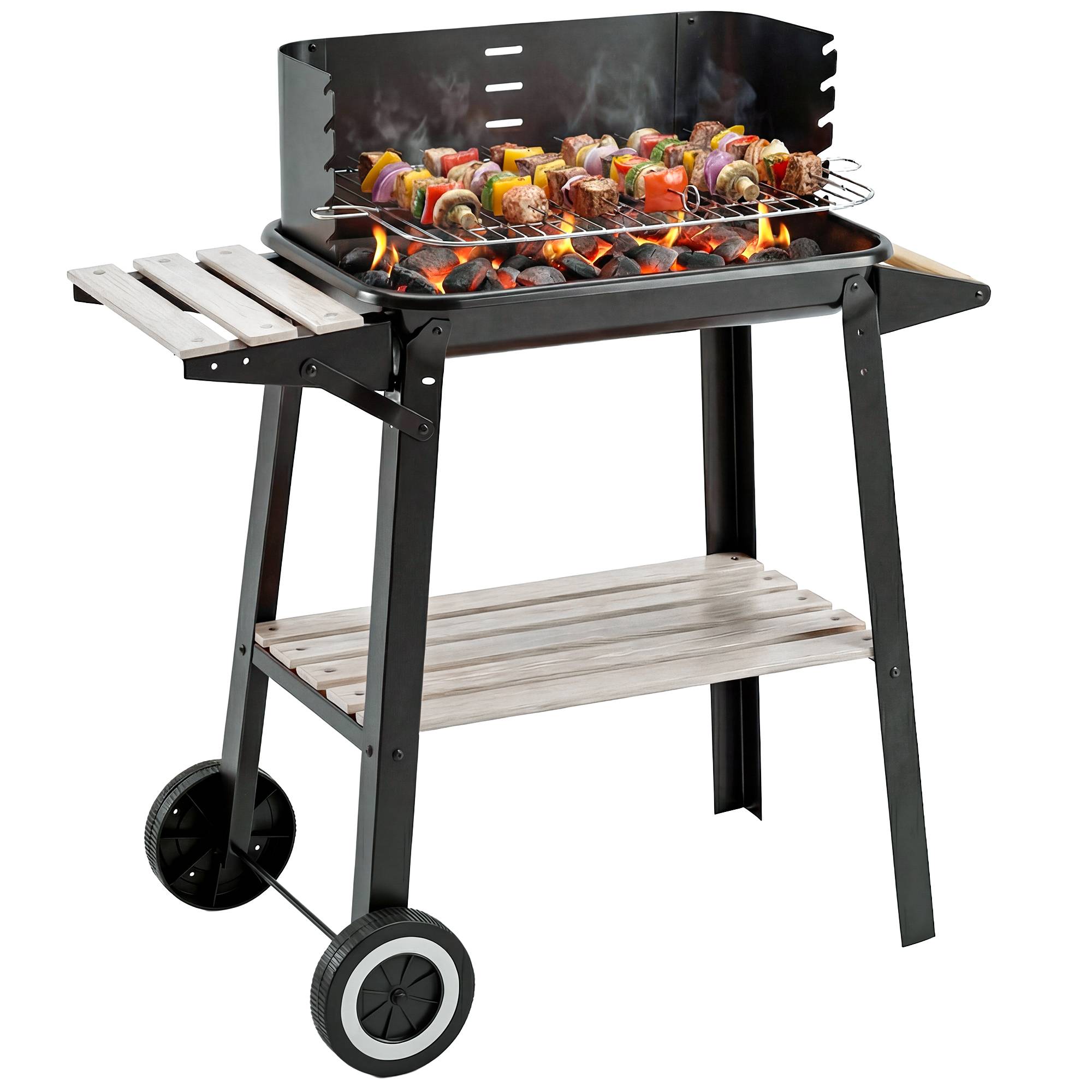 Sans Marque - Barbecue au charbon de bois avec grille réglable, étagères et roulettes, 83 x 37 x 87 cm, noir - Image 1