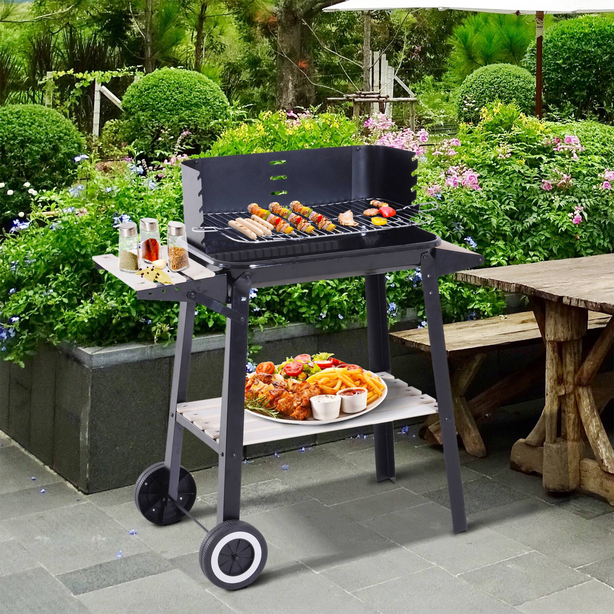 Sans Marque - Barbecue au charbon de bois avec grille réglable, étagères et roulettes, 83 x 37 x 87 cm, noir - Image 3