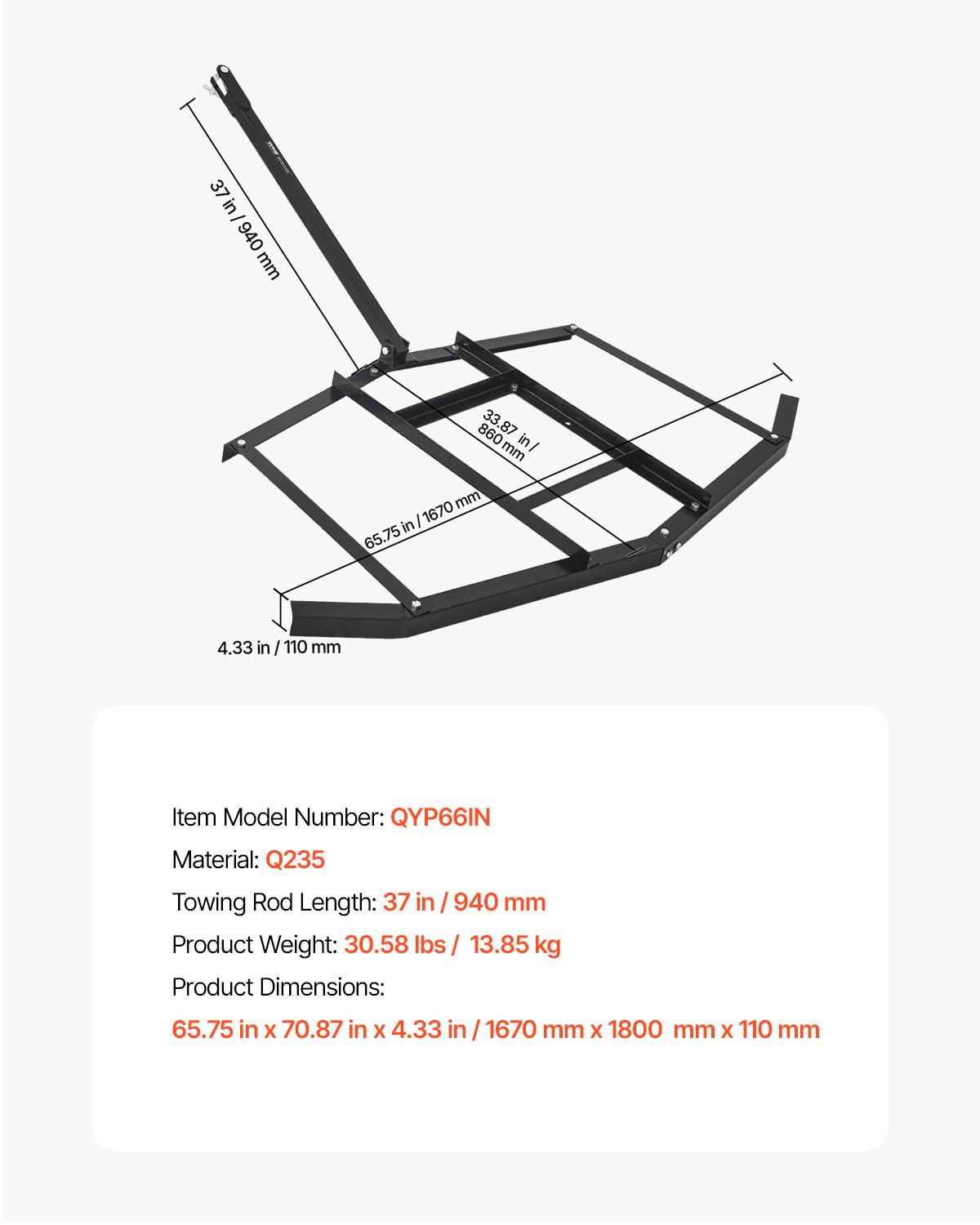 Vevor - VEVOR Herse Traînée Râteau Niveleur Remorquable 1670 mm pour VTT UTV Tracteur - Image 7