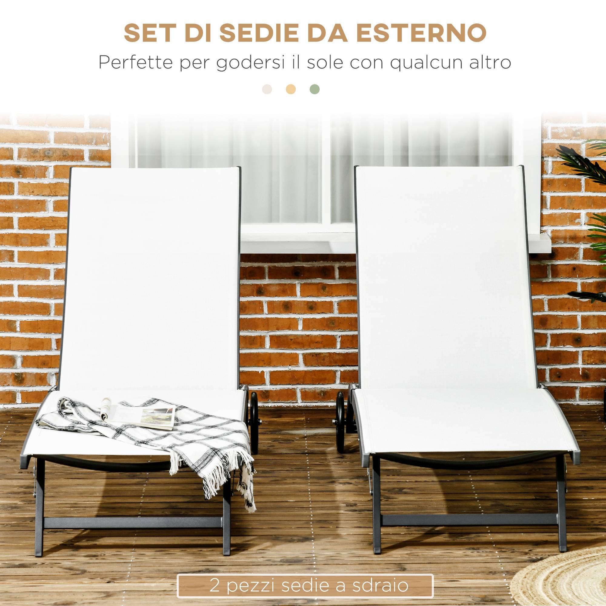Lot 2 chaises longues dossier inclinable aluminium tissu respirant 66x165x102 cm crème - Image 6