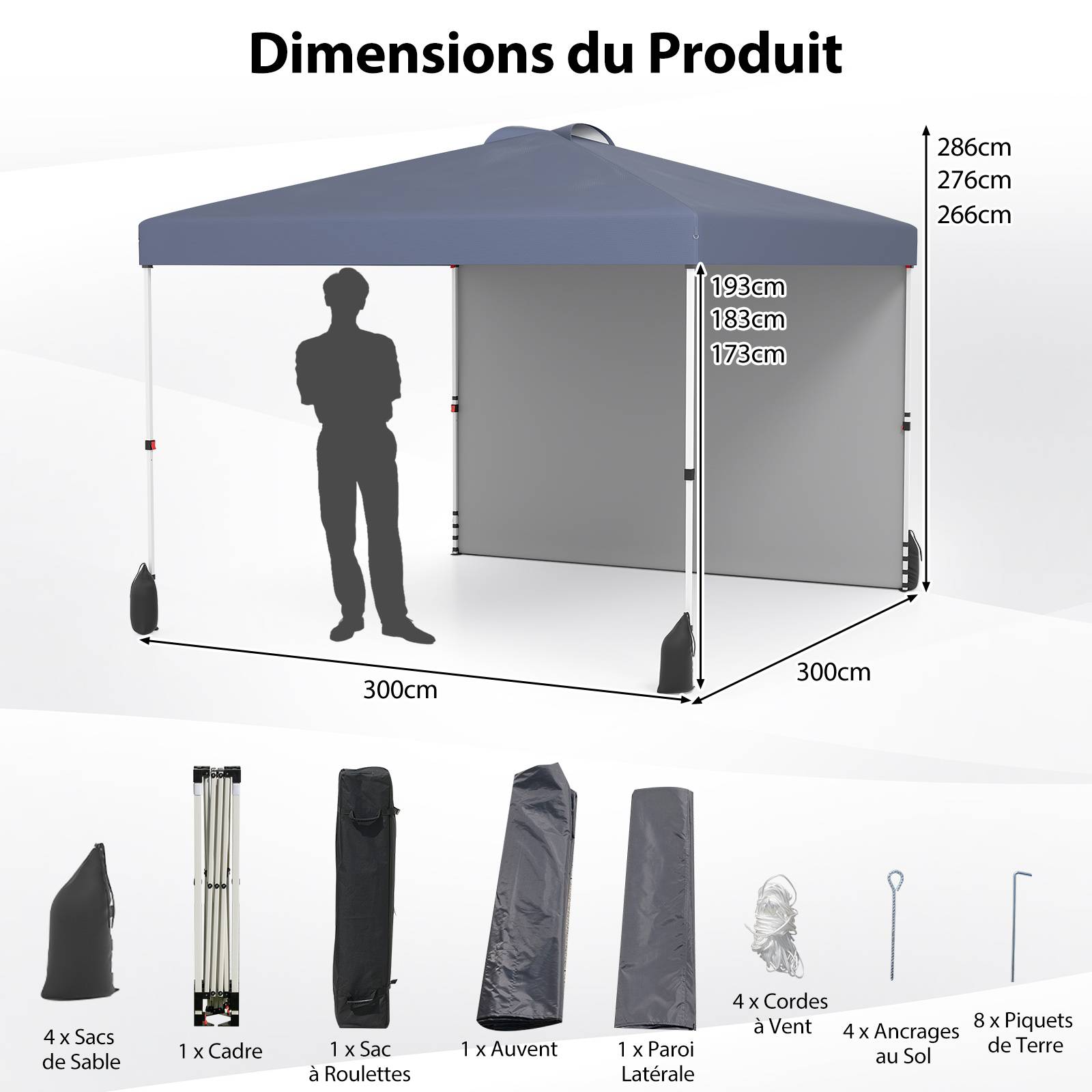 Tonnelle de Jardin 3X3 M avec Paroi Latérale, Tente Réception Pliant avec Sac à roulettes 8 Piquets 4 Ancrages, pour Fête Camping, Gris - Image 3