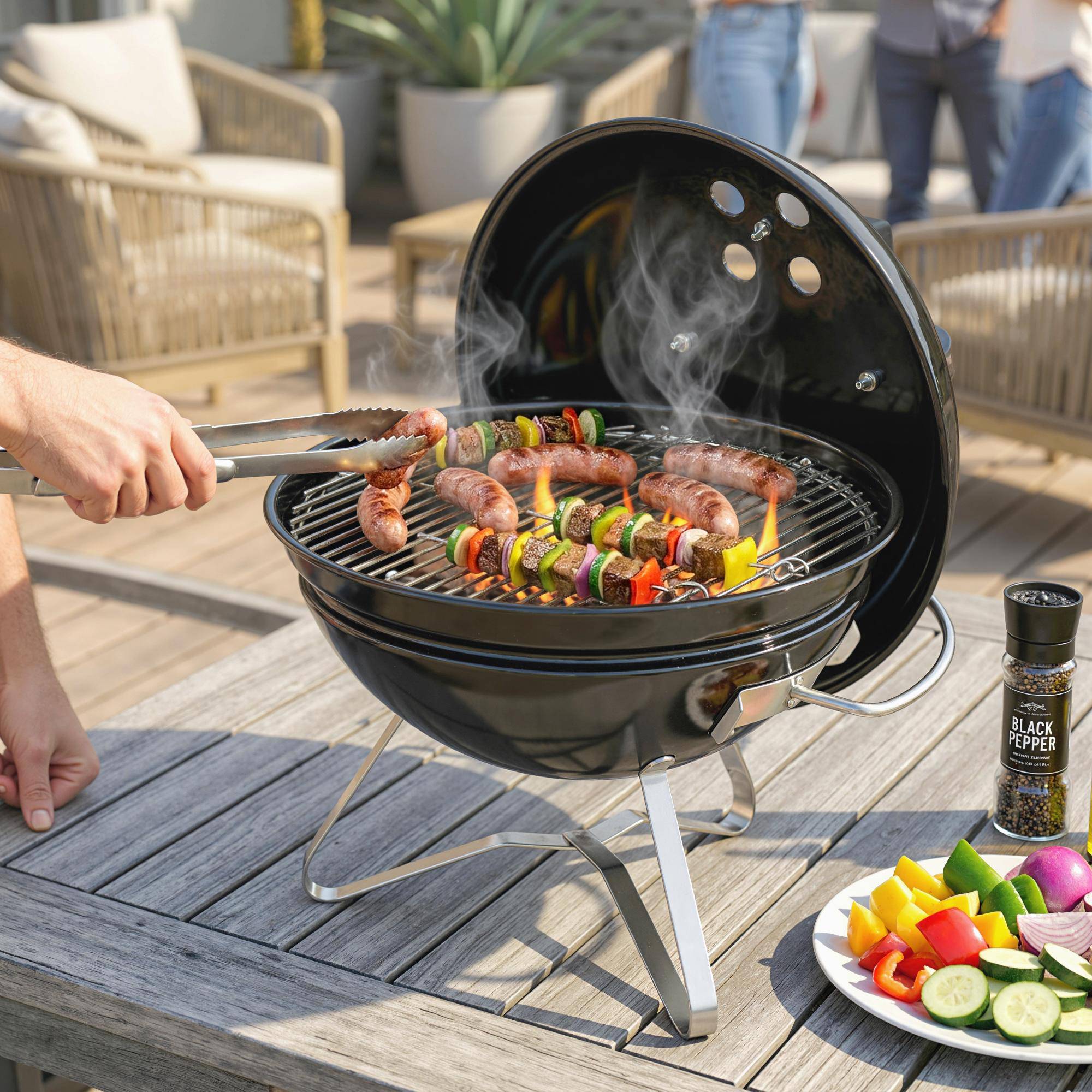 Sans Marque - Barbecue à charbon portable rond avec couvercle, support et ventilation réglable Ø41x44 cm Noir - Image 3