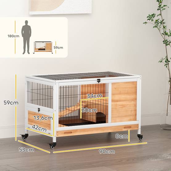 Clapier lapin intérieur clapier pour cochon d'inde en bois avec toit ouvrant et roulettes 90 x 53 x 59 cm jaune et blanc - Image 5
