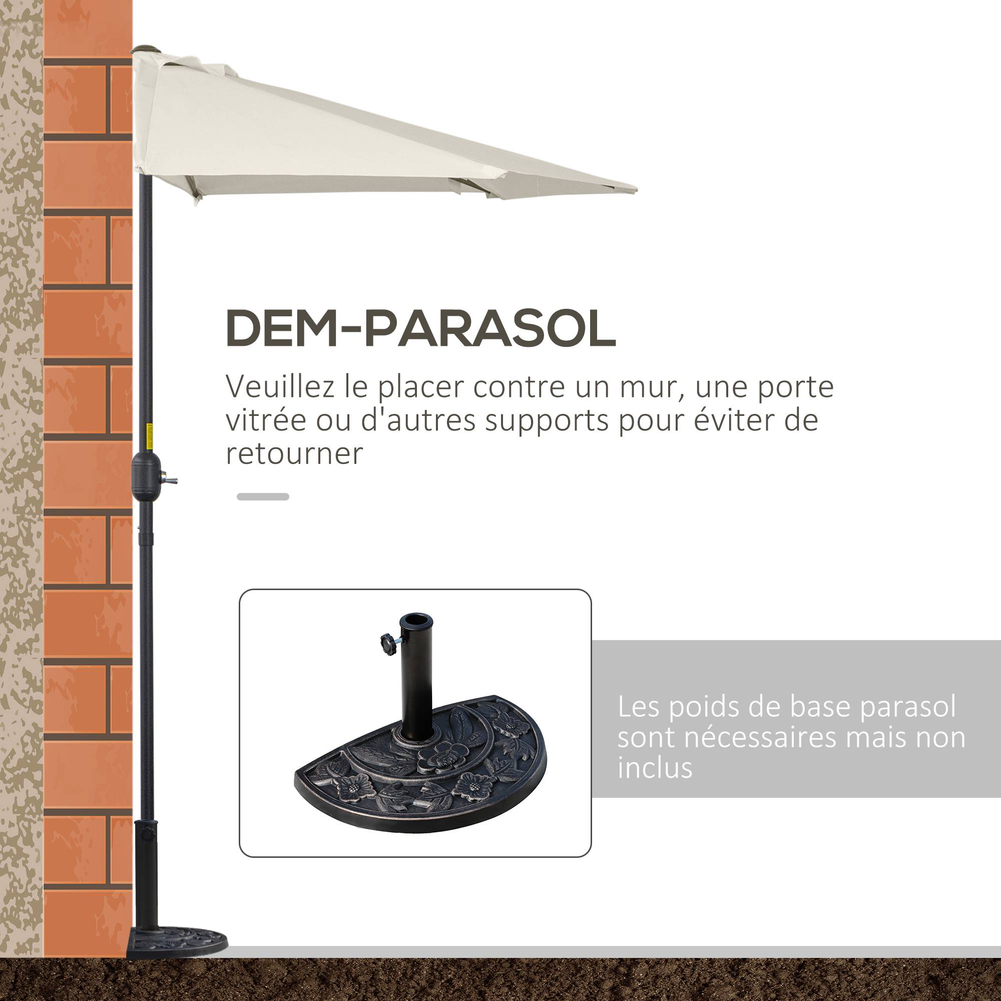 Demi parasol, parasol de balcon 5 entretoises métal cheminée incluse - 293x150x249cm Crème fr55 - Image 6