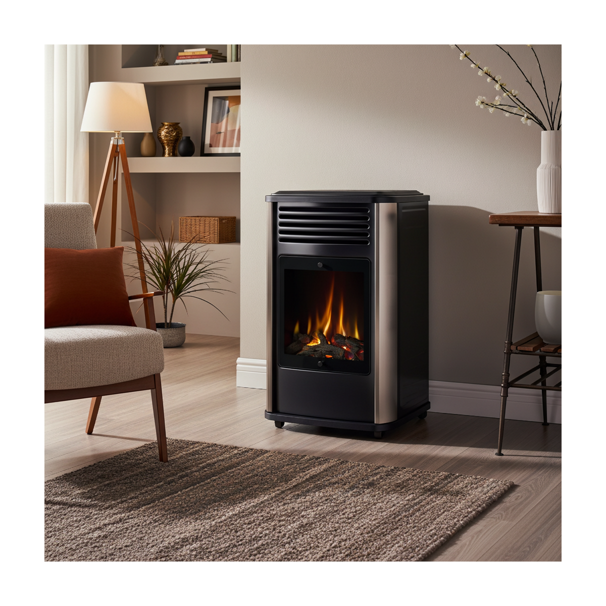 Poele à gaz 3.4KW Noir Effet feu de bois 3 niveaux de chauffe 40-80m2 Manhattan - Image 2