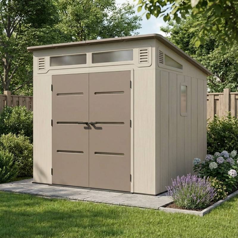 Abri de jardin monopente 6,5m² HDPE avec plancher crème marron Sunlife JOBU