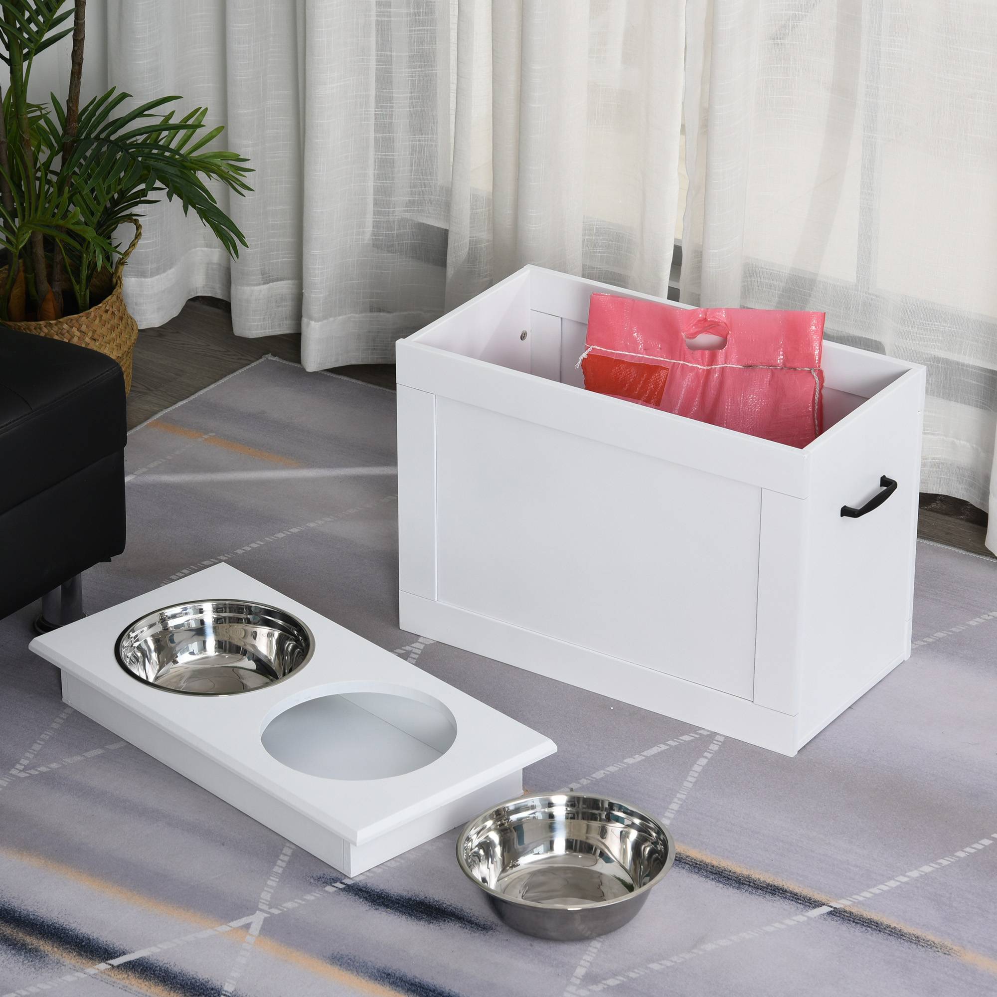 Sans Marque - Gamelle surélevée chien avec rangement, 2 gamelles 2L inox, station alimentation chiens et chats, blanc - Image 3