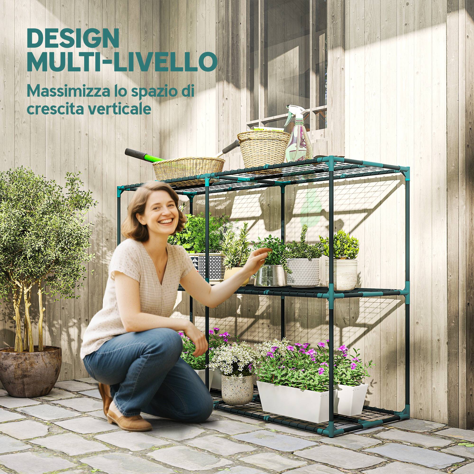 Porte-plantes 3 Niveaux Ouverts Acier Plastique, 143x48x100cm, Vert Foncé - Image 6
