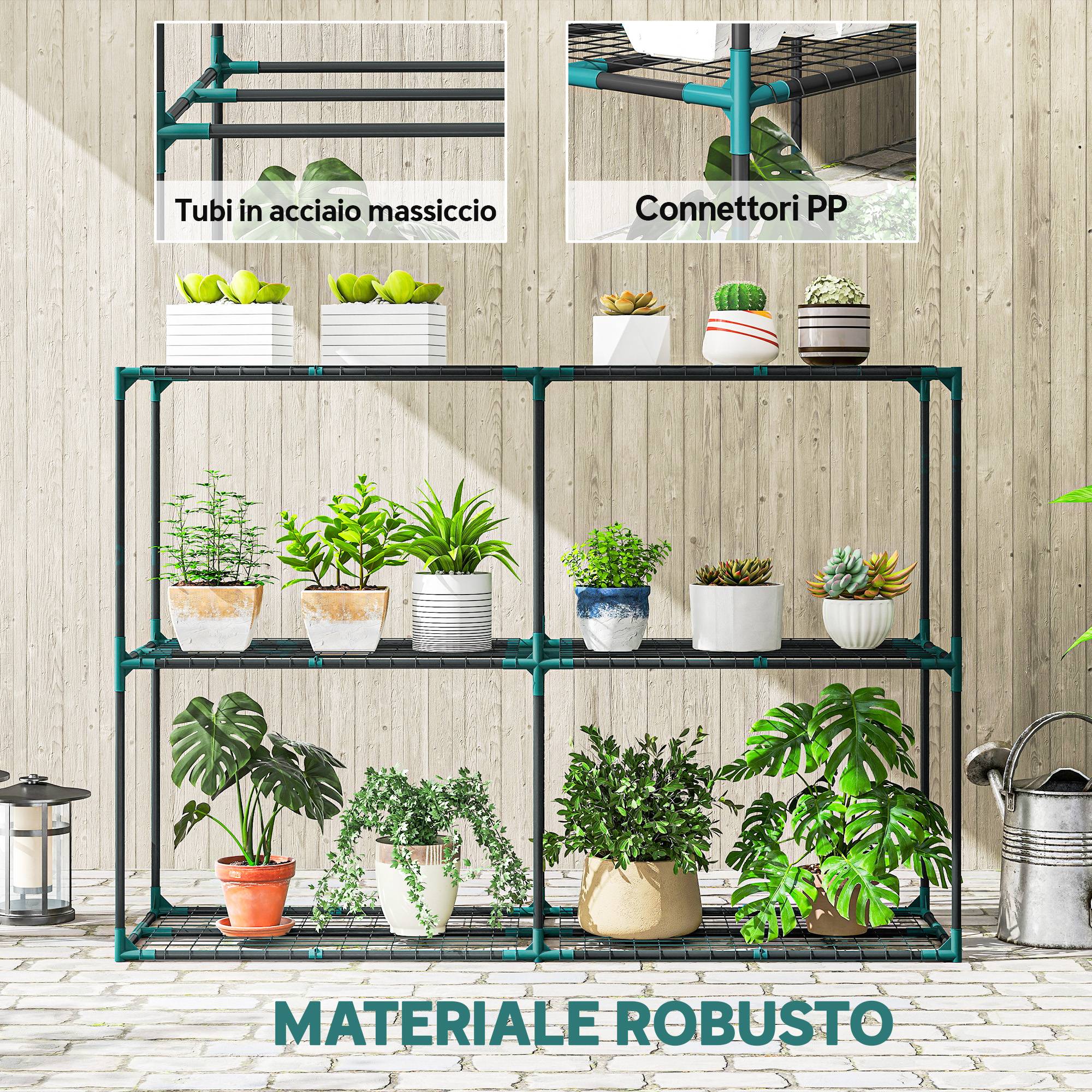Porte-plantes 3 Niveaux Ouverts Acier Plastique, 143x48x100cm, Vert Foncé - Image 8