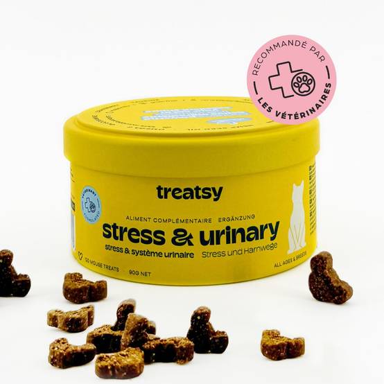 Complément Alimentaire - Stress & Système Urinaire pour chat - Cystite & Struvite - Alpha-caséine, L-Tryptophane, Oméga 3 - Treatsy - Image 1
