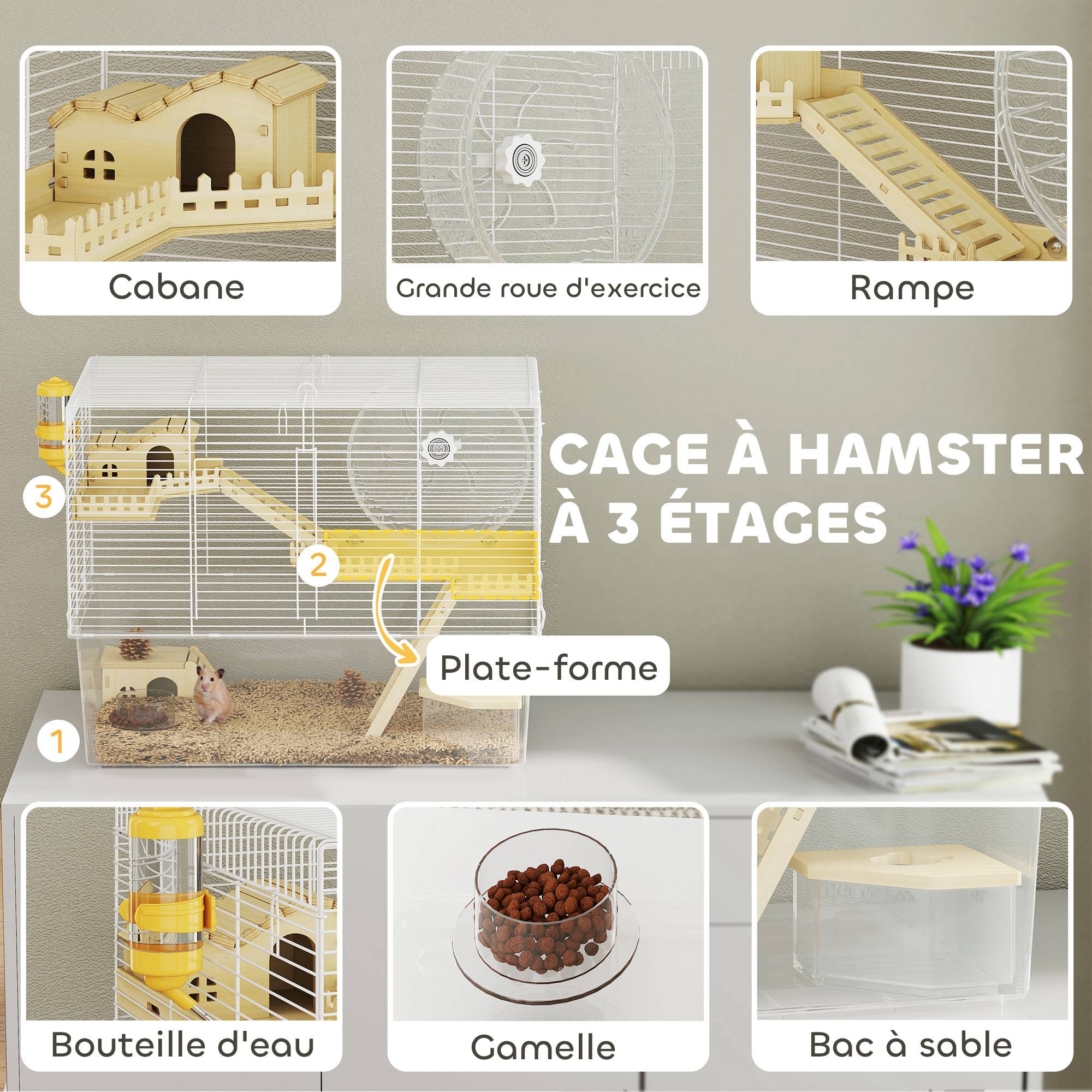 Cage hamster acier petits rongeurs accessoires 59x47cm Blanc - ComfortXL Outdoor Living - Image 6