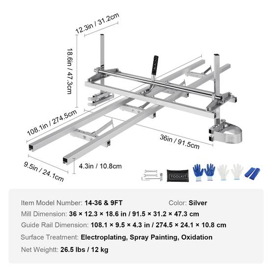 VEVOR Gruminette moulin scie à chaîne 355-914 mm, scierie mobile guidage rail aluminium 274 cm. - Image 7