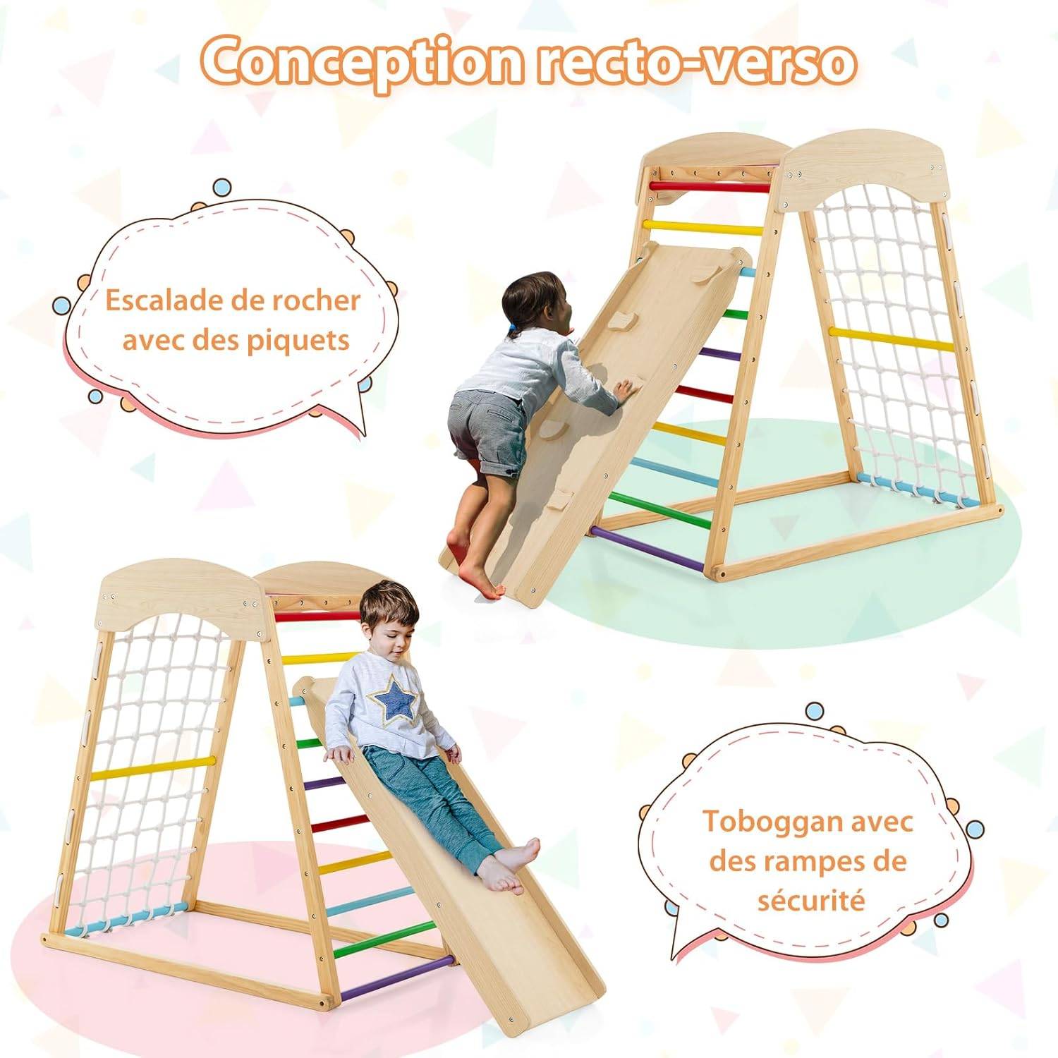 6 en 1 Triangle d'escalade en Bois Enfants, Filet et Echelle pour Grimper & Glisser (Multicolore) - Image 2